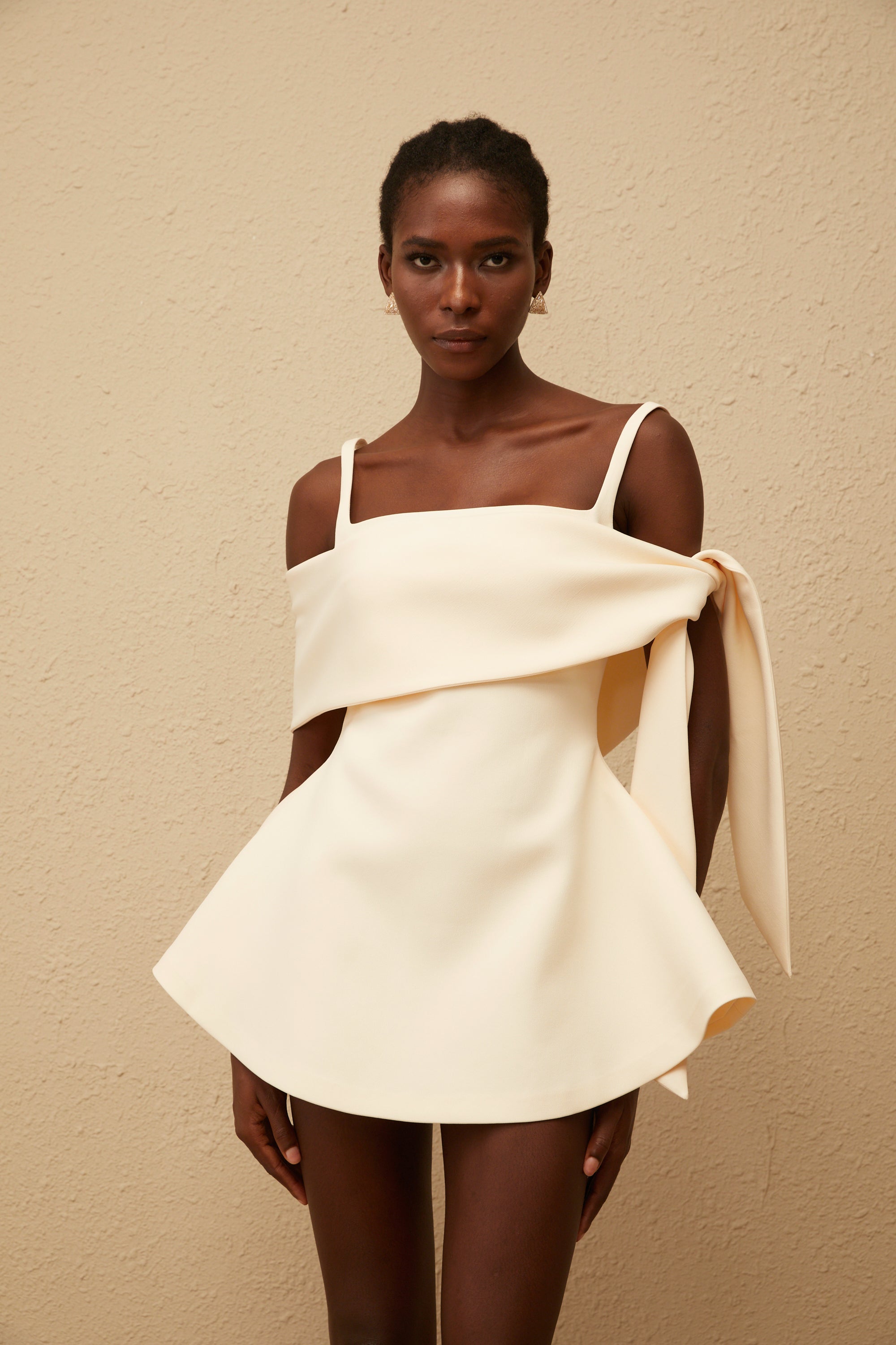 Garance Cream White Self Tie Flared Mini Dress