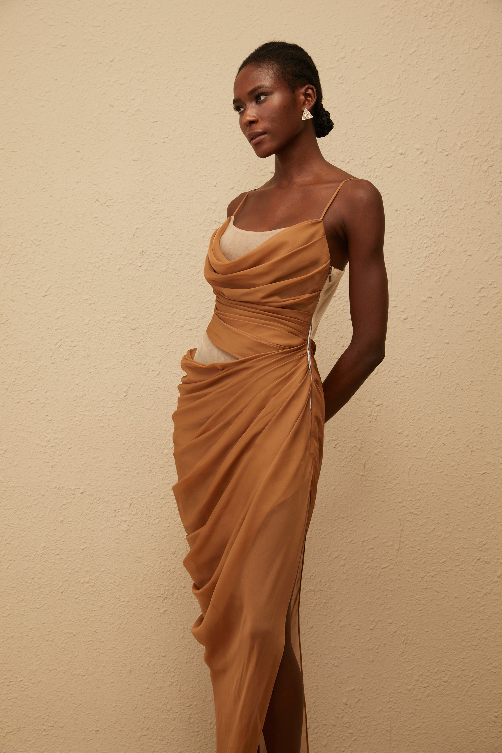 فستان شاريسا ماكسي شيفون كاكي منسدل