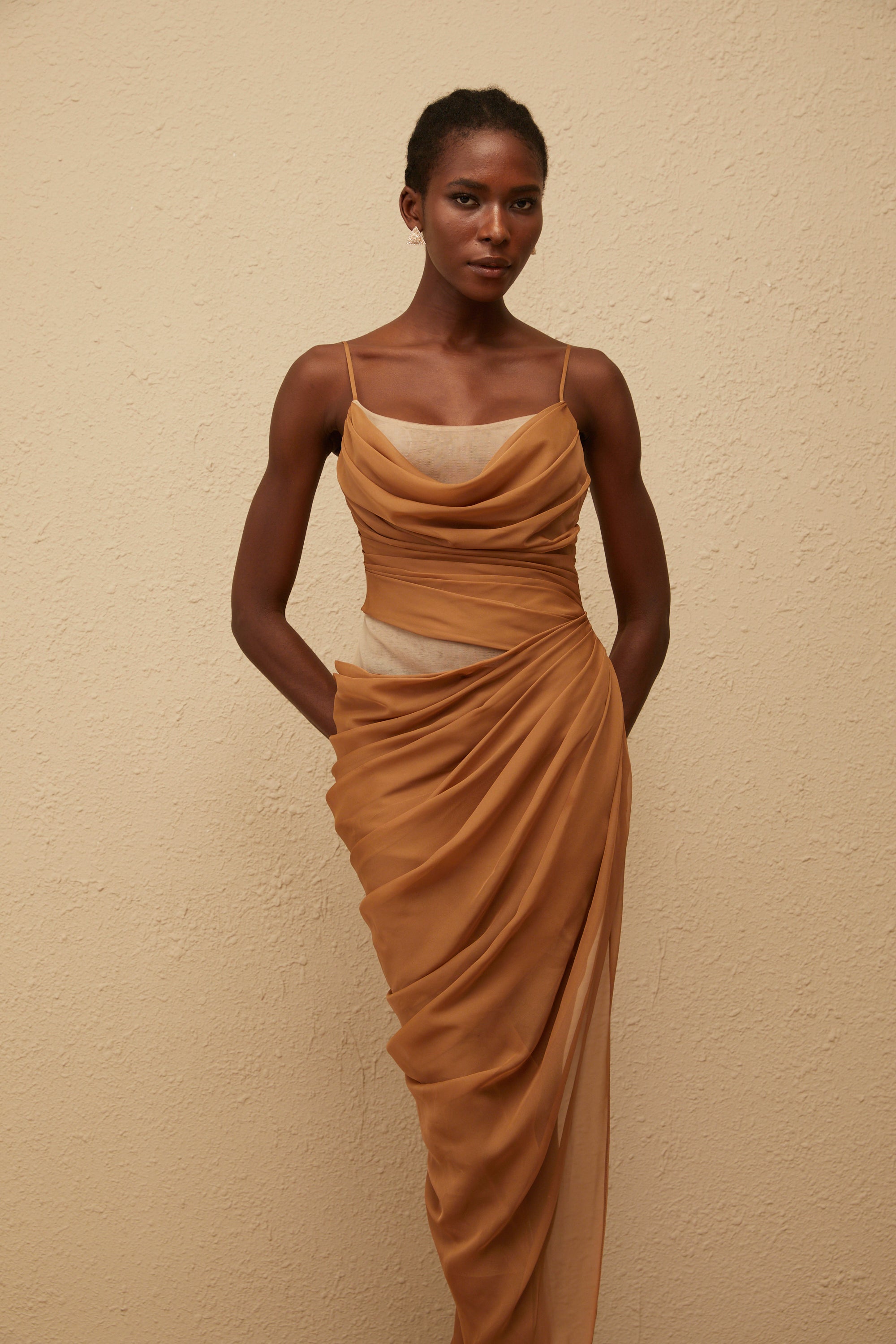 فستان شاريسا ماكسي شيفون كاكي منسدل