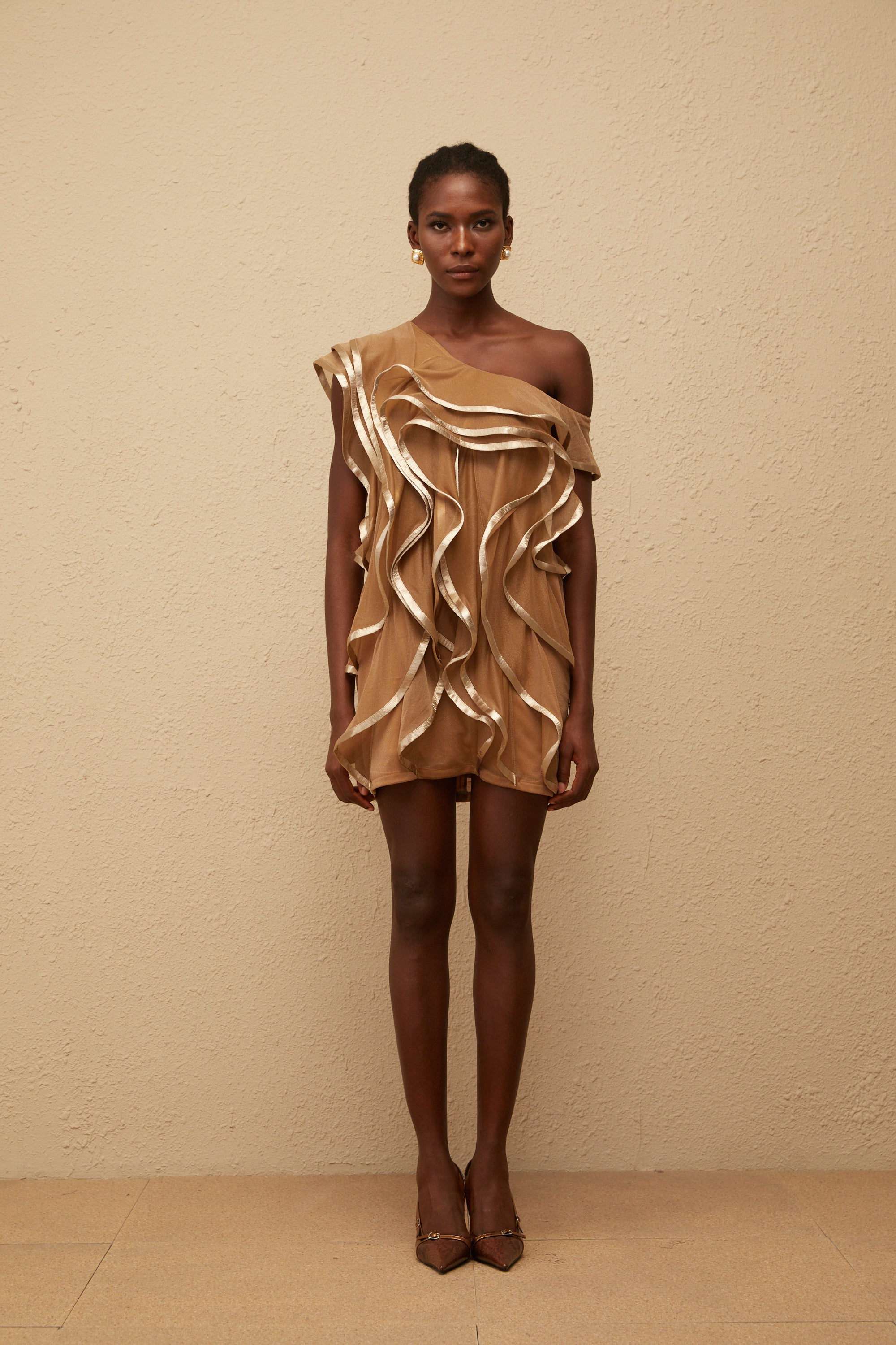 Alchimie Braunes, gerüschtes Tüll-Minikleid