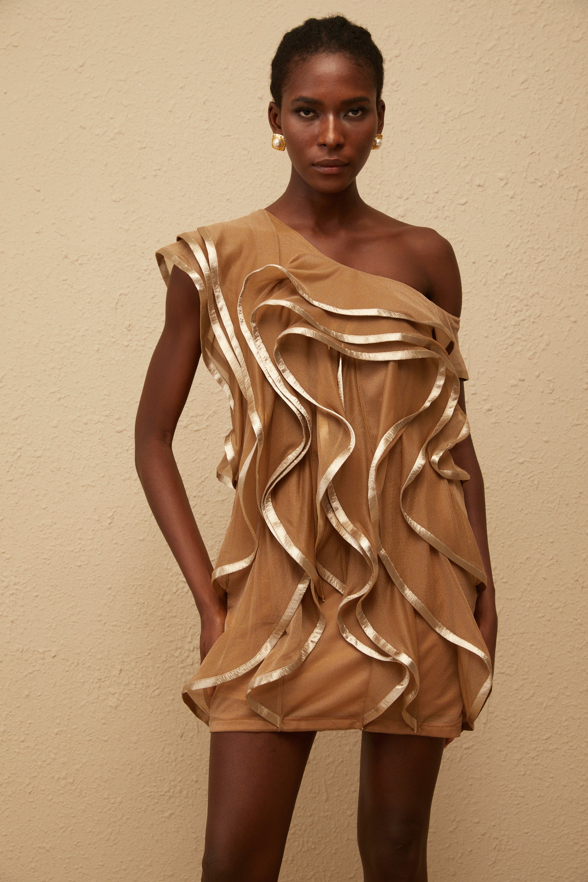 Alchimie Braunes, gerüschtes Tüll-Minikleid