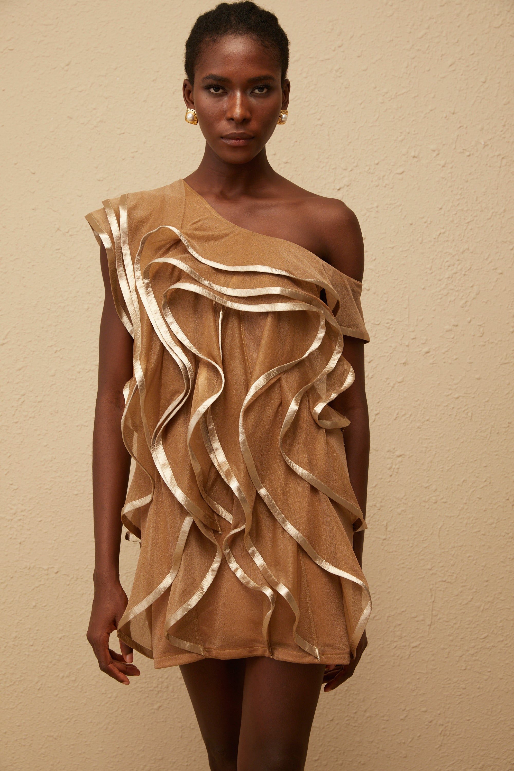 Alchimie Braunes, gerüschtes Tüll-Minikleid