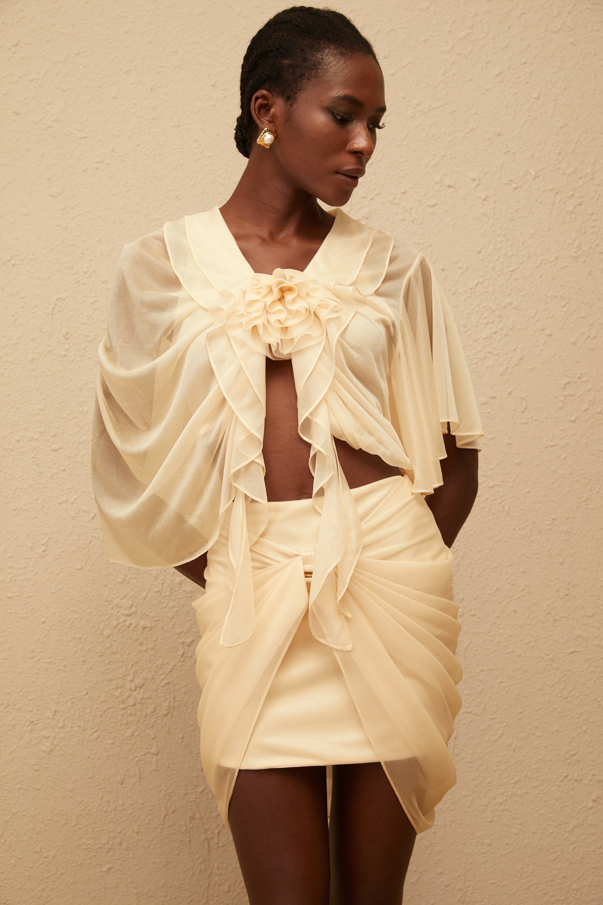 Pénombre Neutral Ruched Tulle Top & Skirt Set