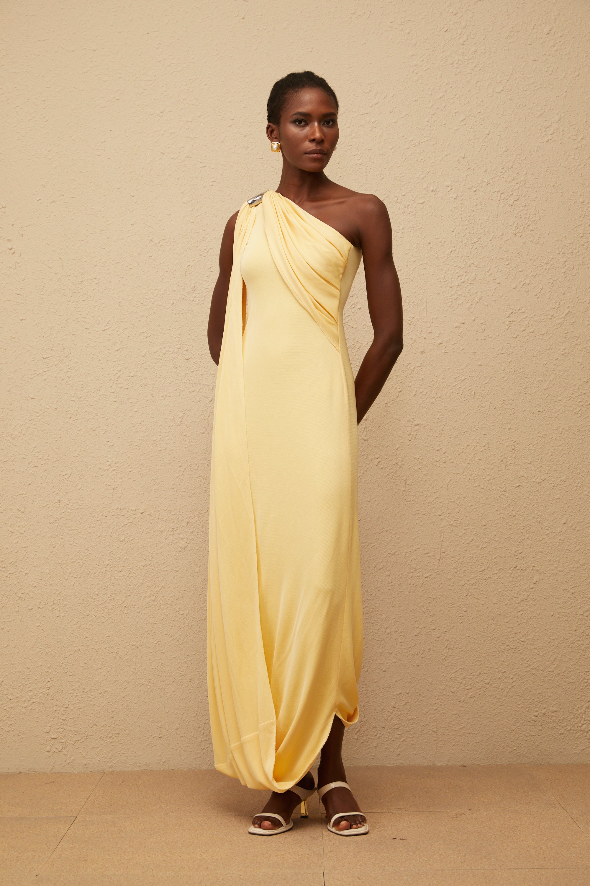 Garance Yellow Draped Asymmetrical Maxi Dress