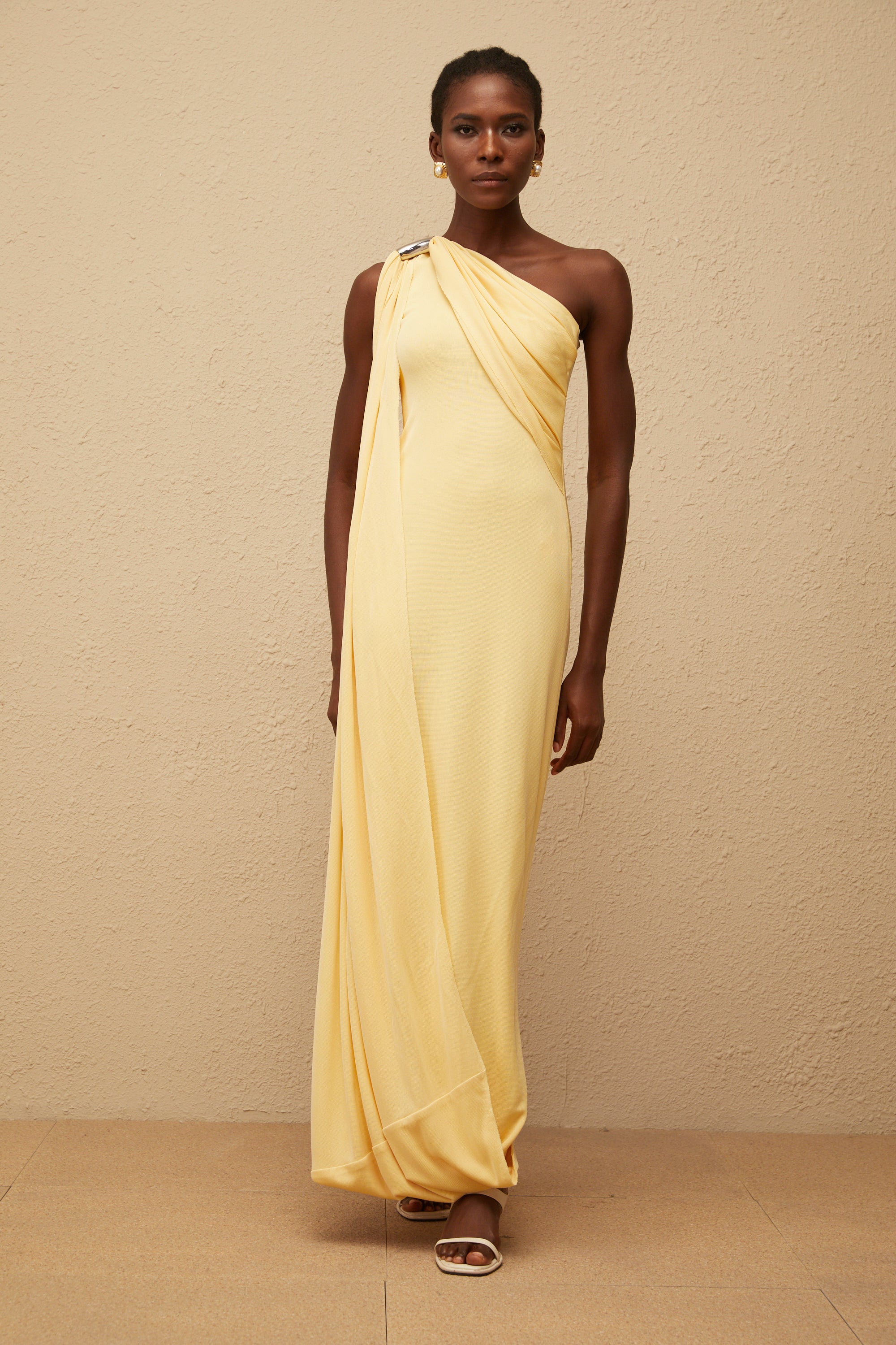 Garance Yellow Draped Asymmetrical Maxi Dress