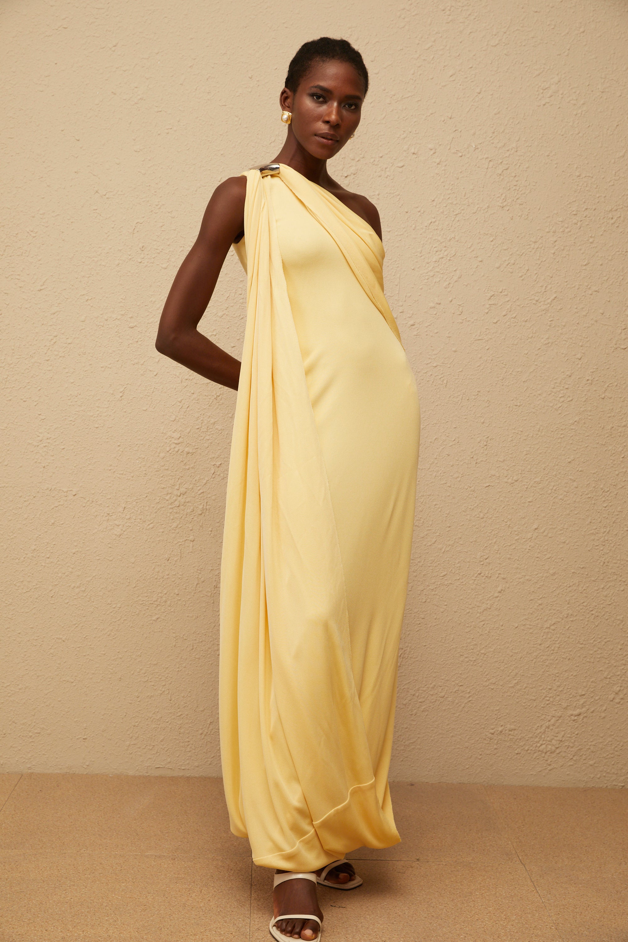 Garance Yellow Draped Asymmetrical Maxi Dress