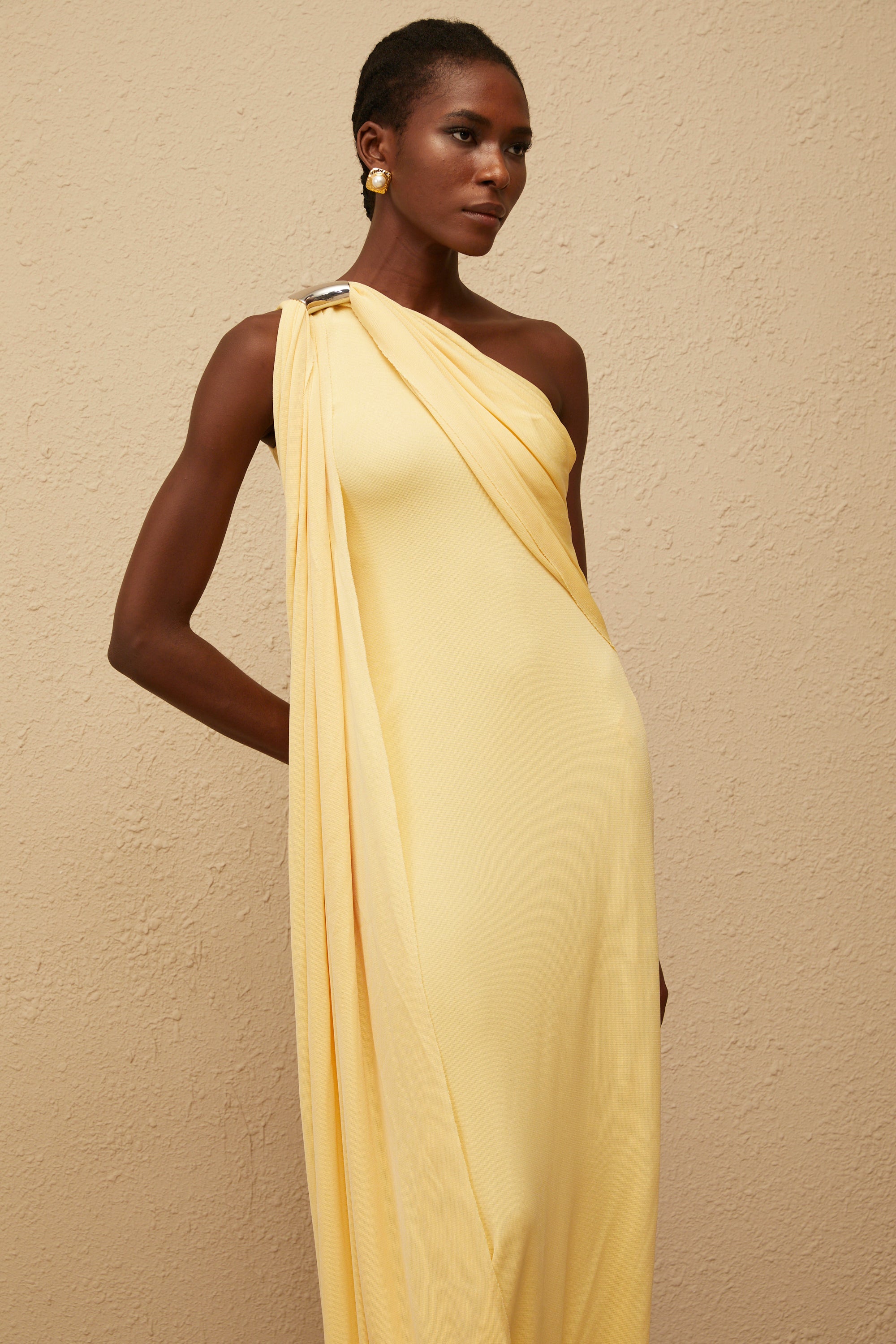 Garance Yellow Draped Asymmetrical Maxi Dress