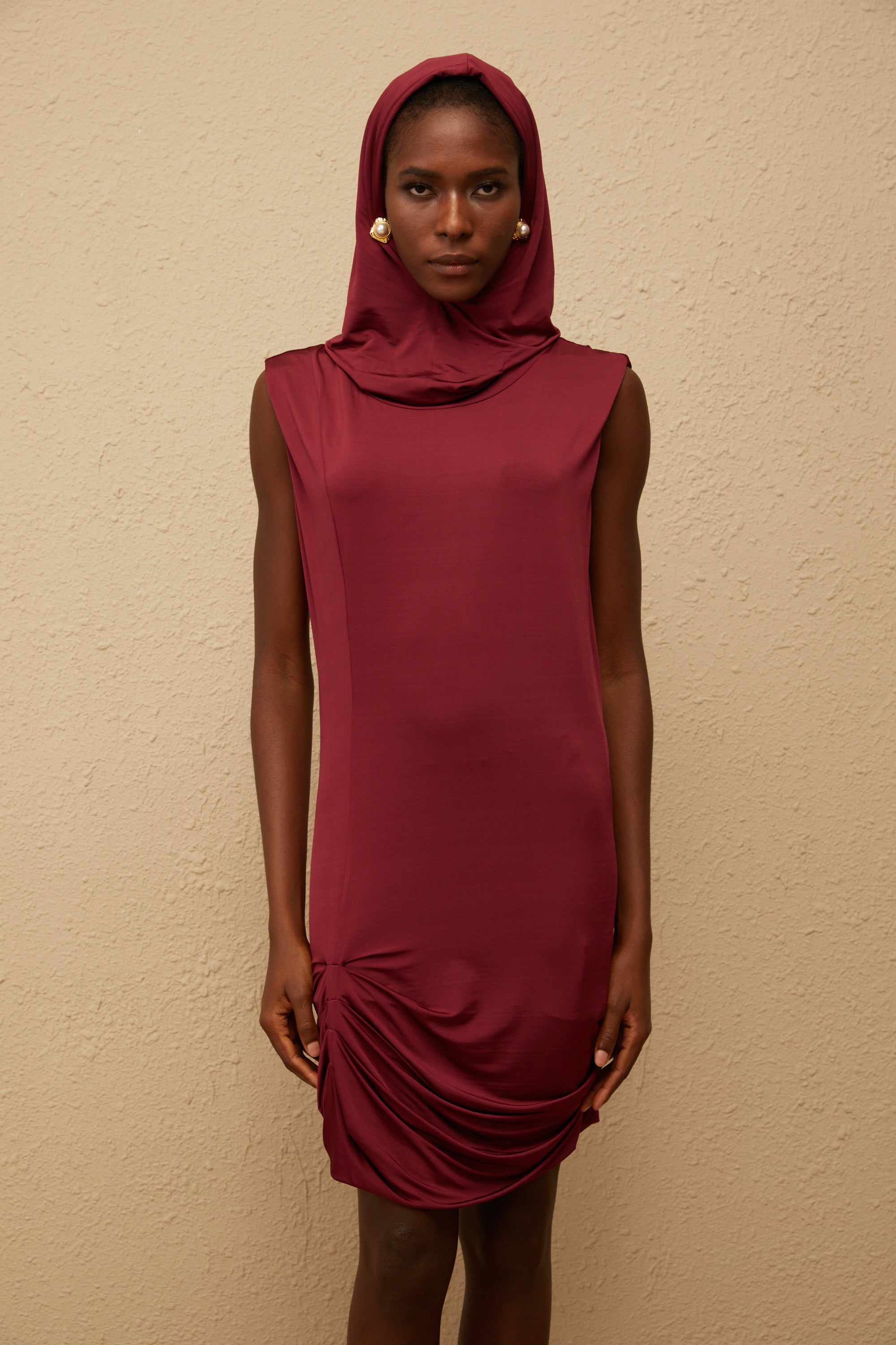 Aino Red Hooded Ruched Mini Dress