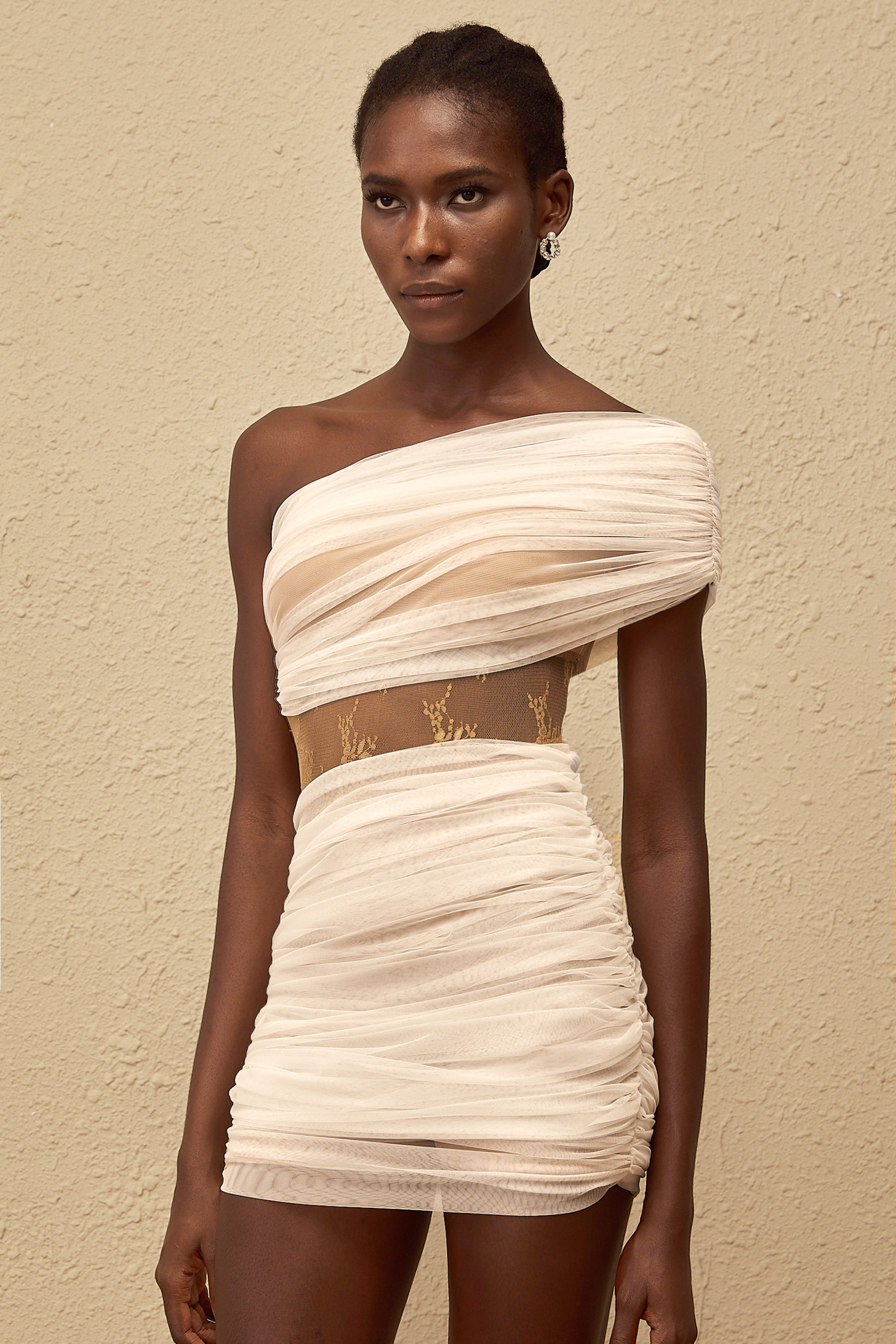 Ophélie White Ruched Tulle Mini Dress