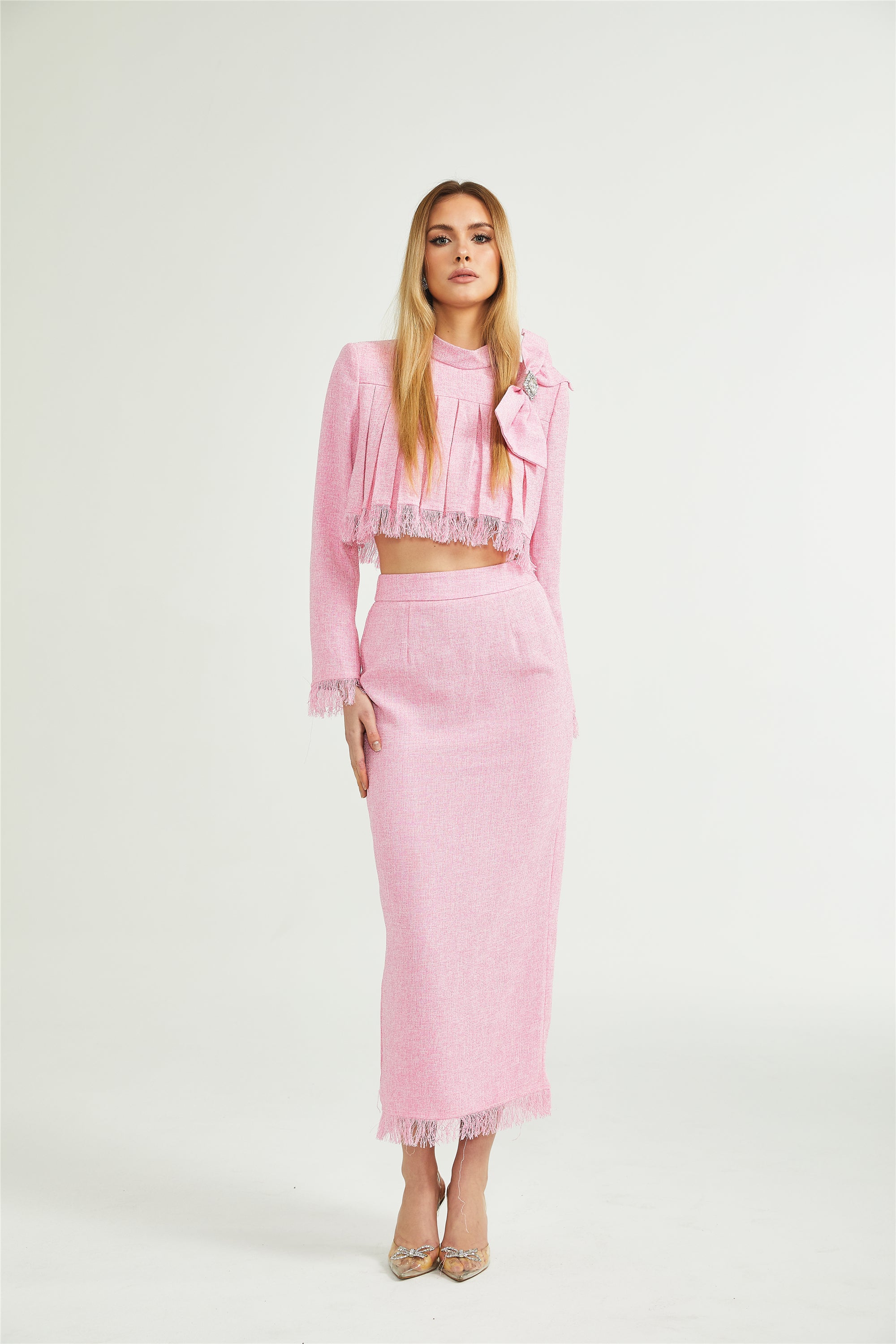 Gabrielle tassel-trim pleated top & skirt matching set