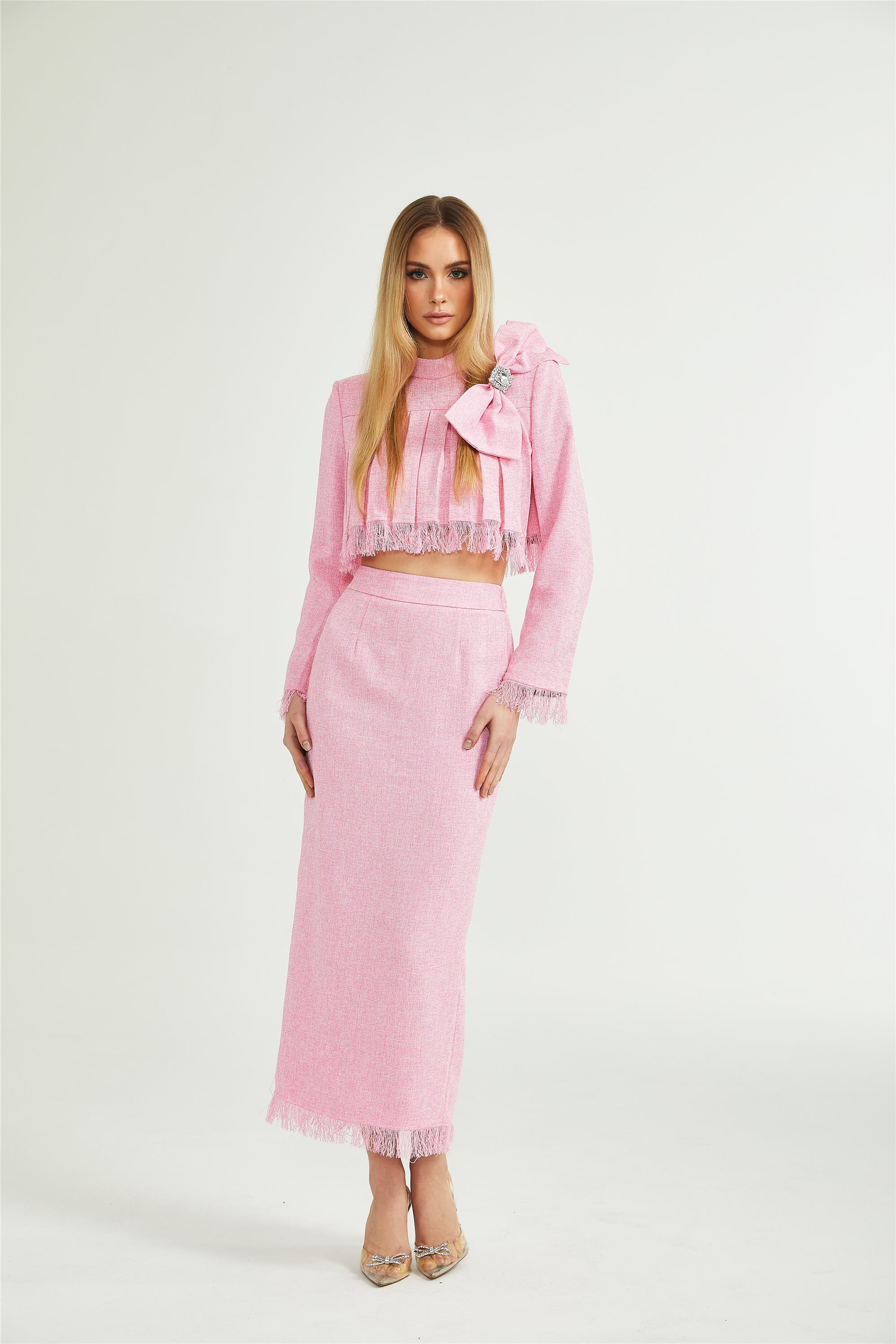 Gabrielle tassel-trim pleated top & skirt matching set