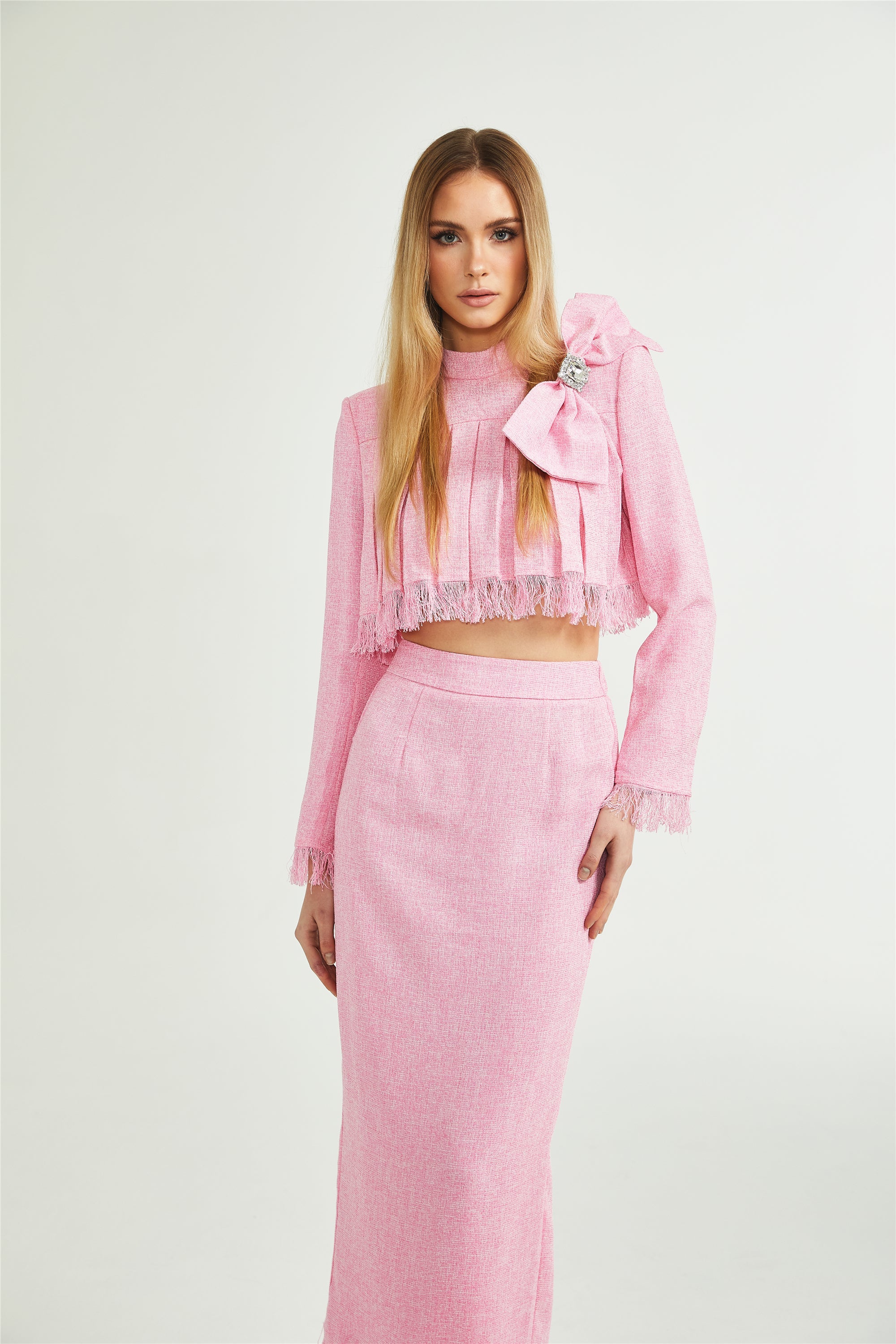 Gabrielle tassel-trim pleated top & skirt matching set