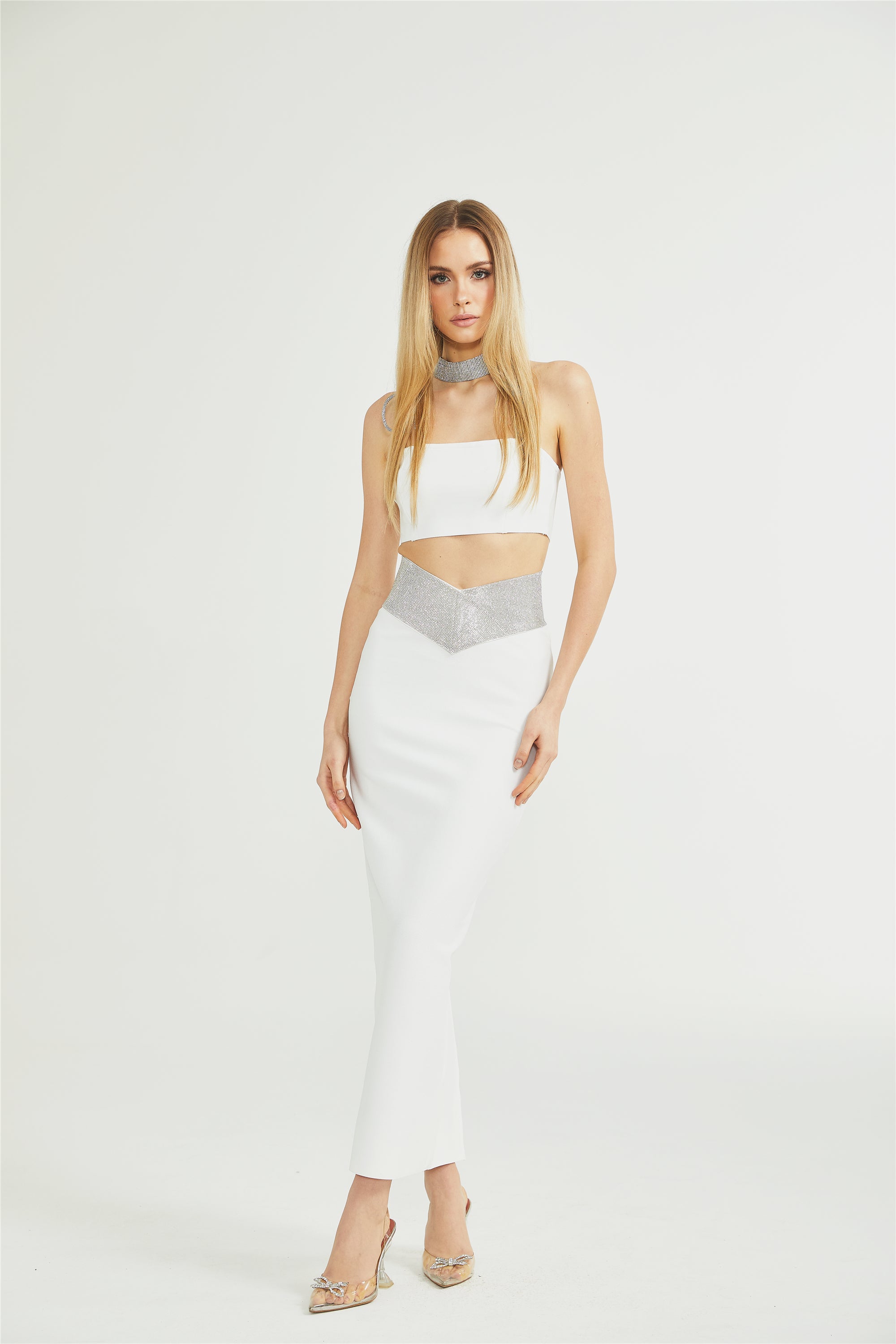 Thérèse crystal-strap top & skirt matching set