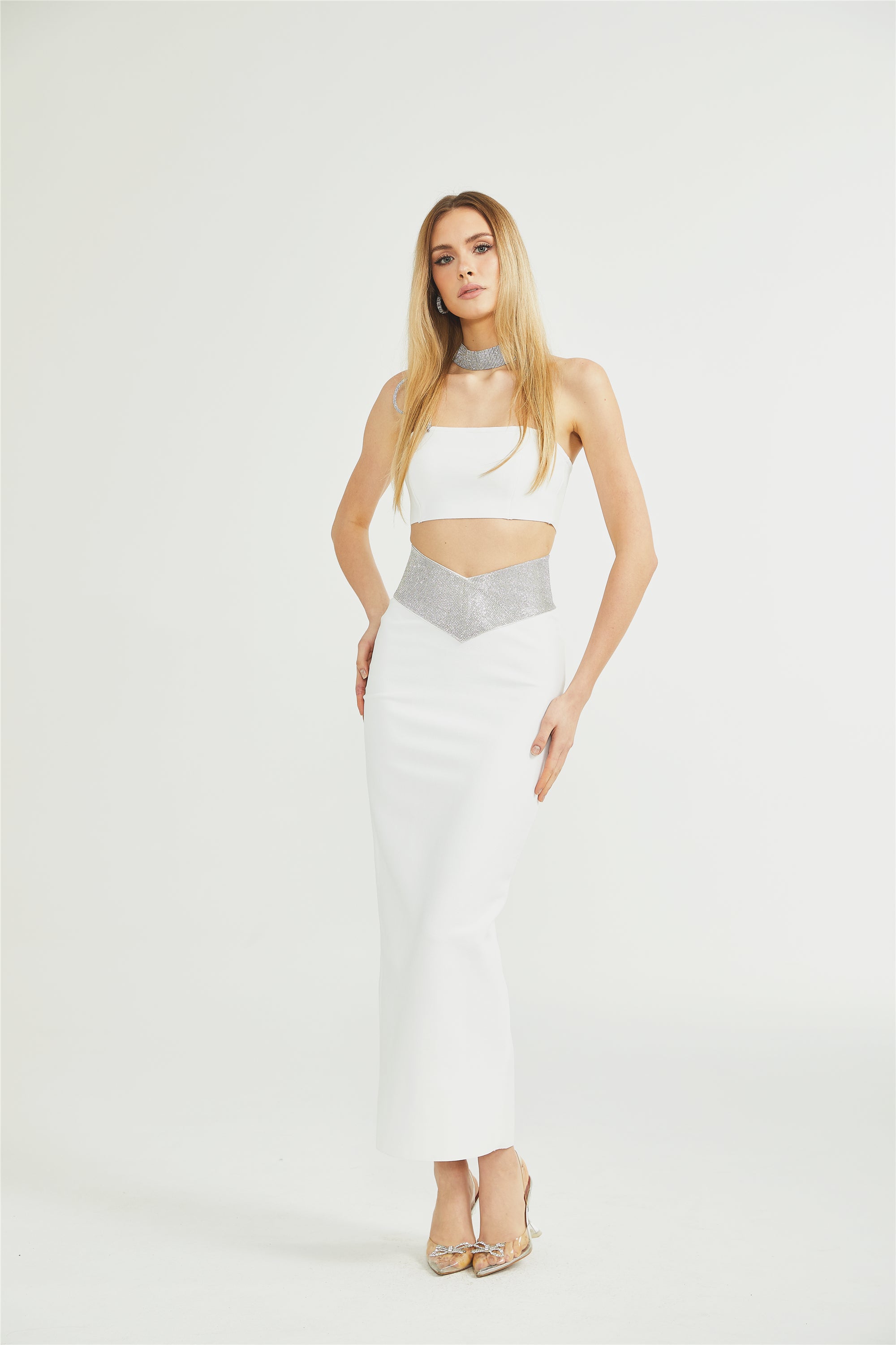 Thérèse crystal-strap top & skirt matching set