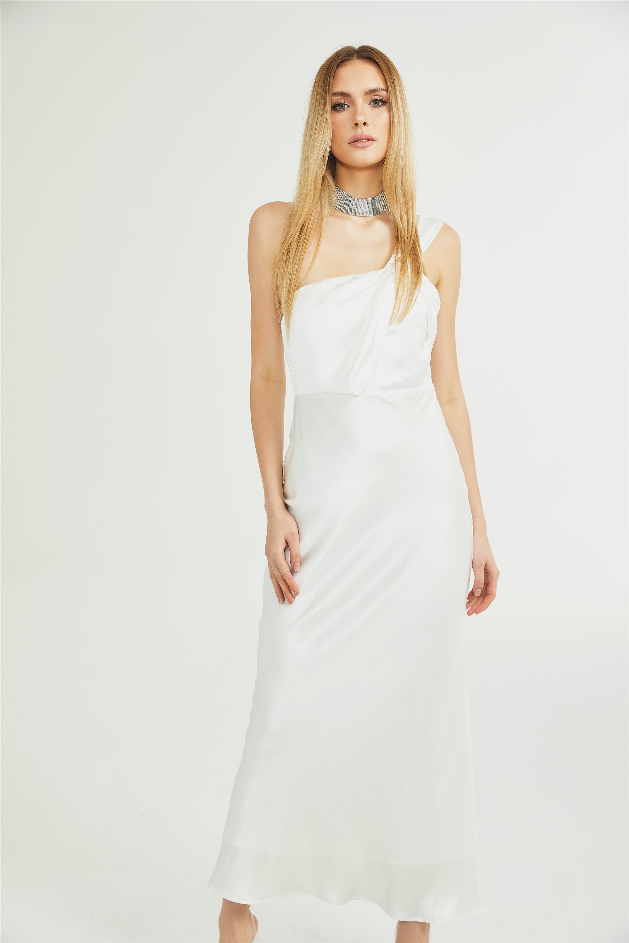 Zoé white mono-shoulder flared maxi dress