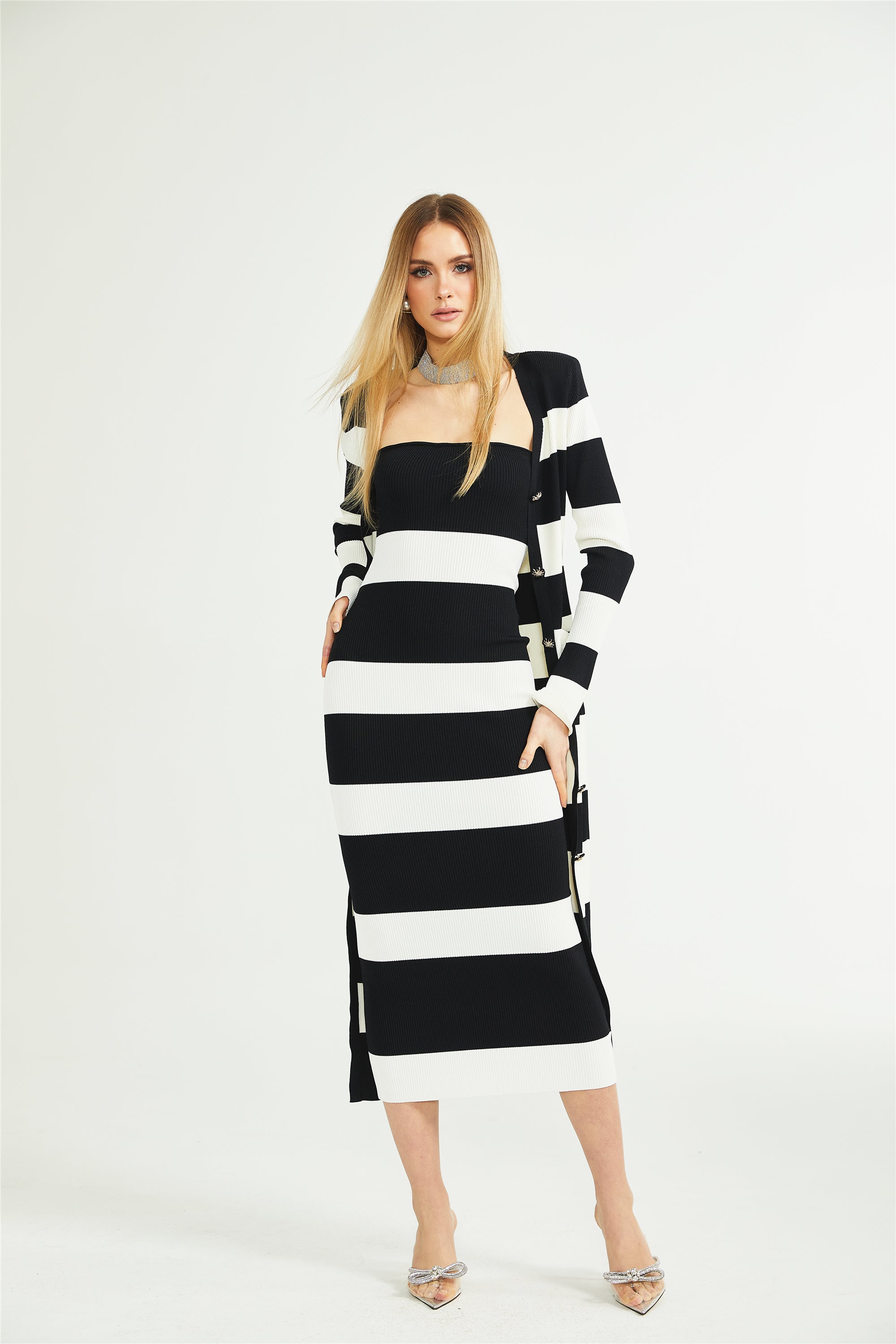 Fabienne striped long cardigan & dress matching set