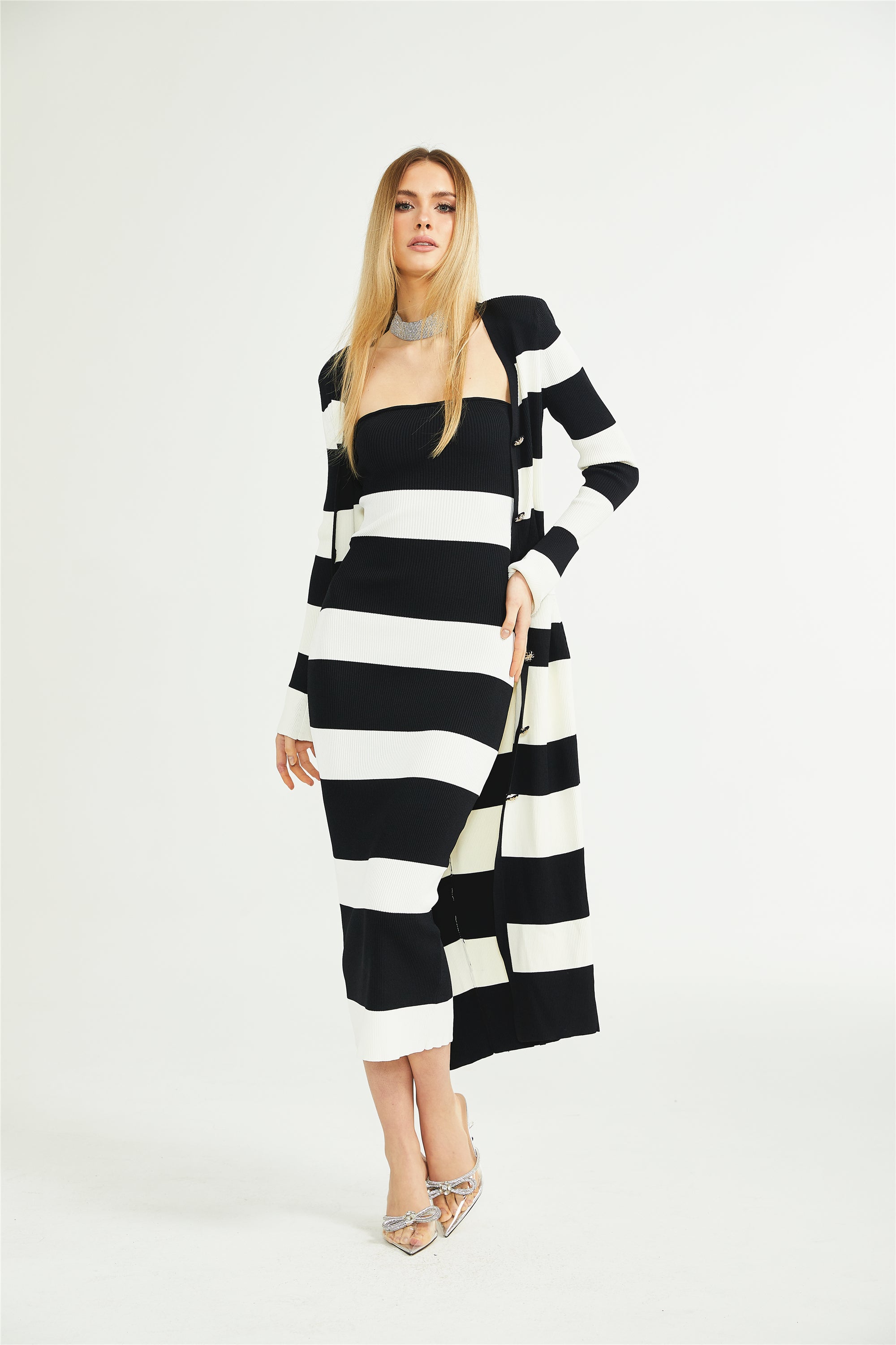 Fabienne striped long cardigan & dress matching set