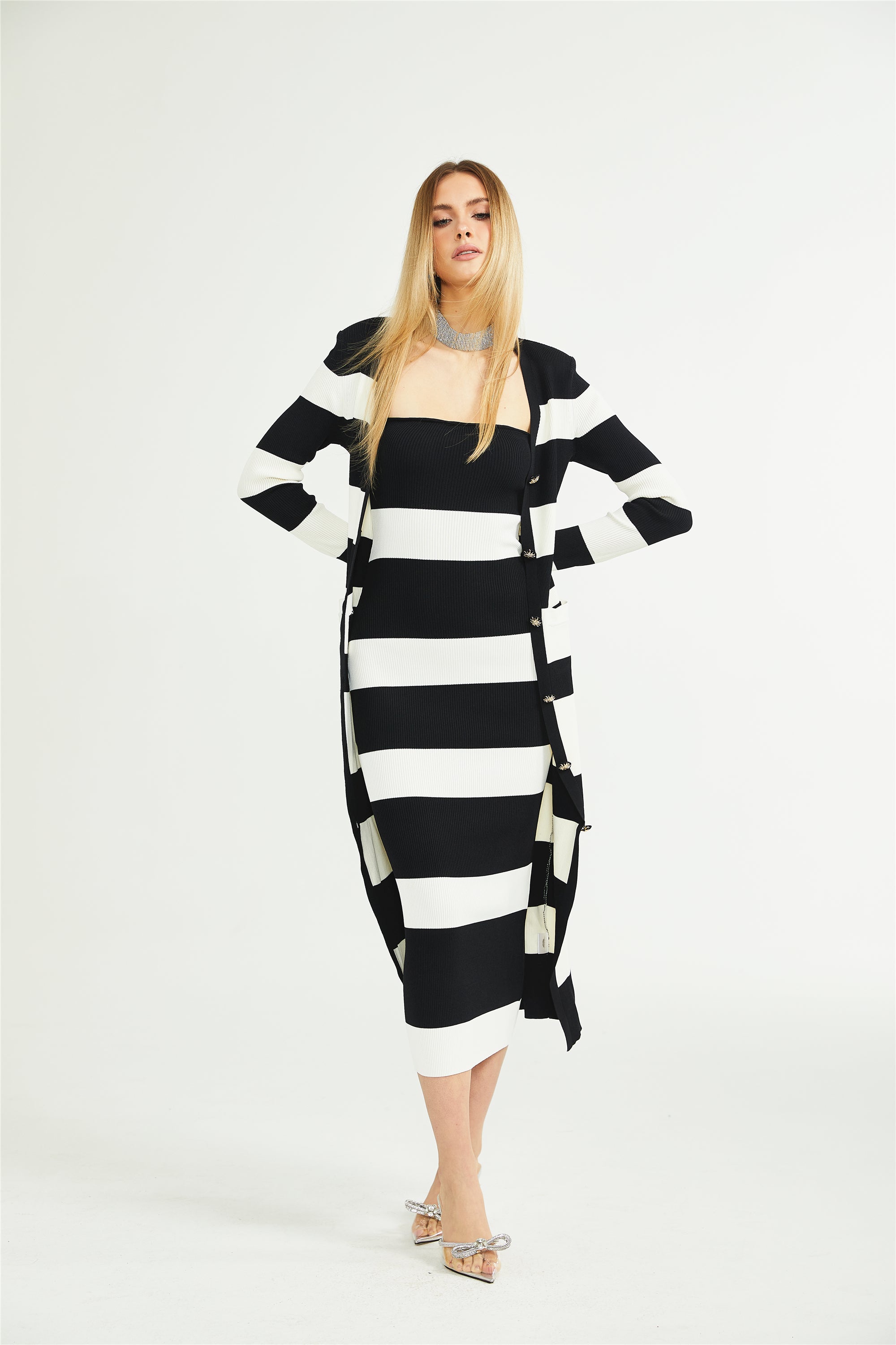 Fabienne striped long cardigan & dress matching set