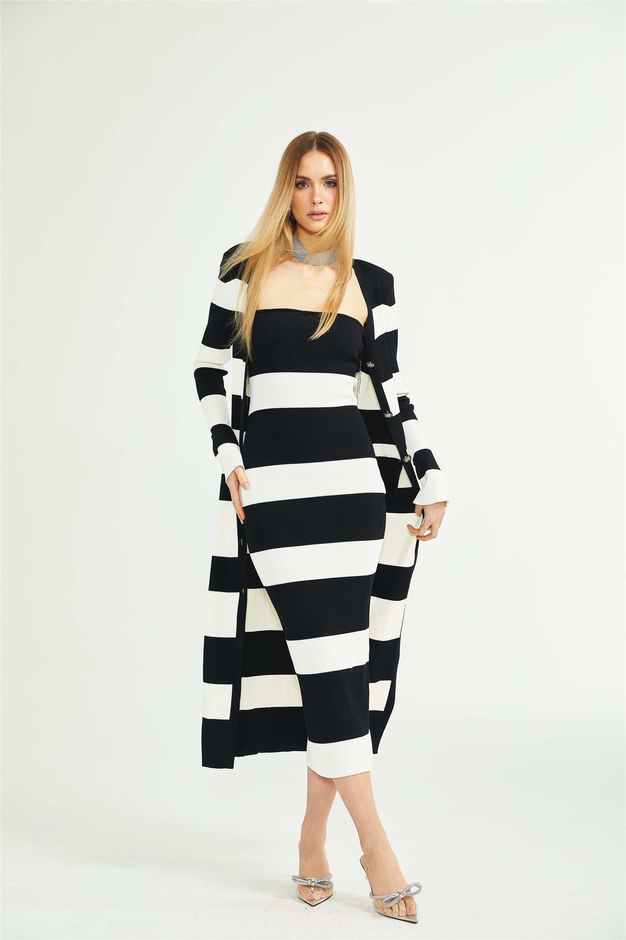 Fabienne striped long cardigan & dress matching set