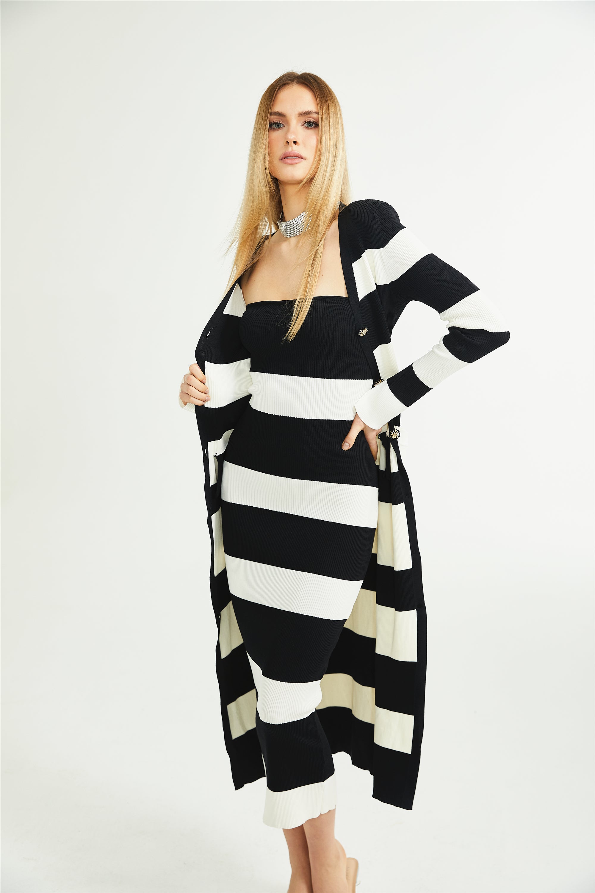 Fabienne striped long cardigan & dress matching set