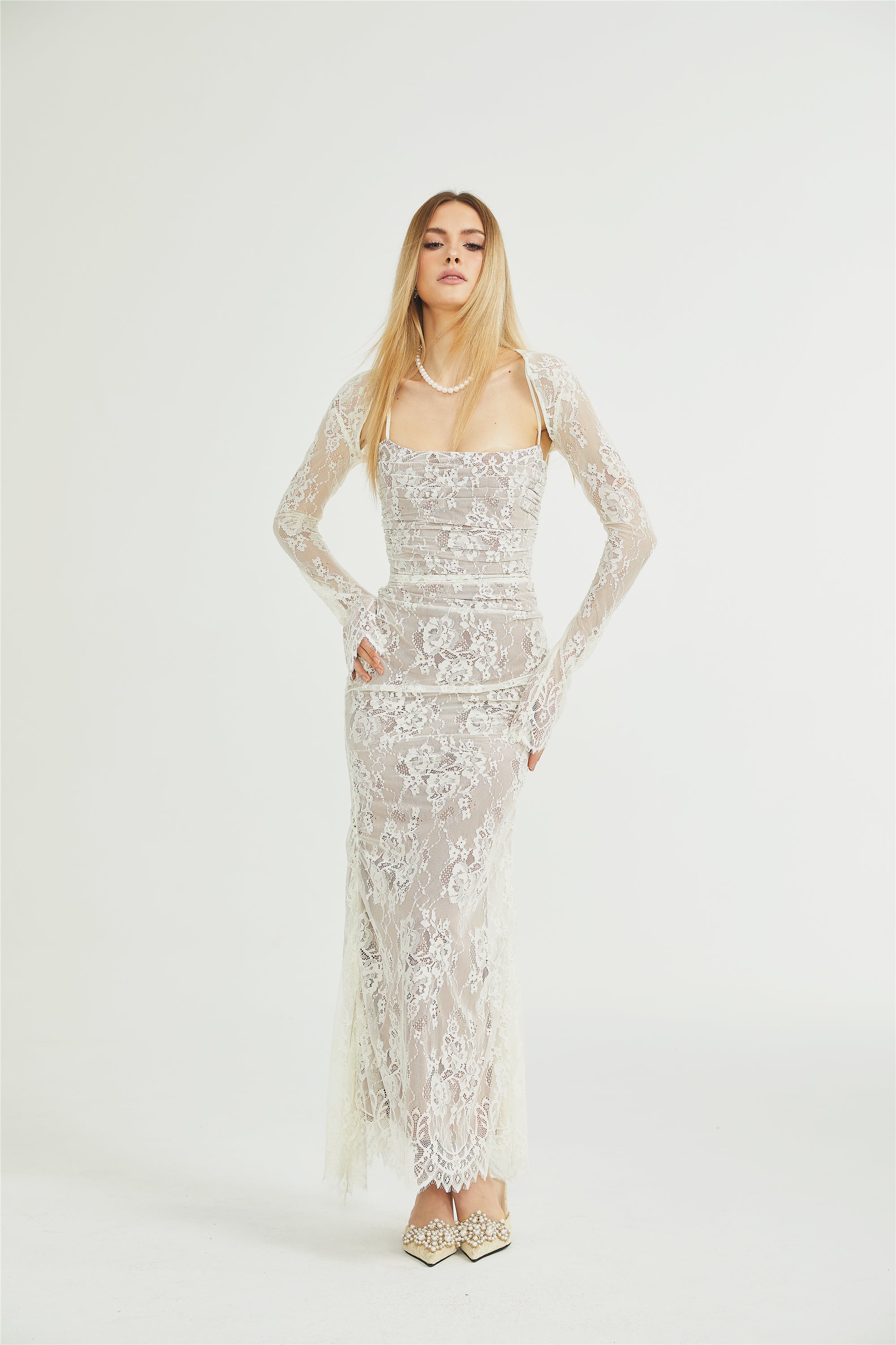 Valérie white floral lace mesh maxi dress