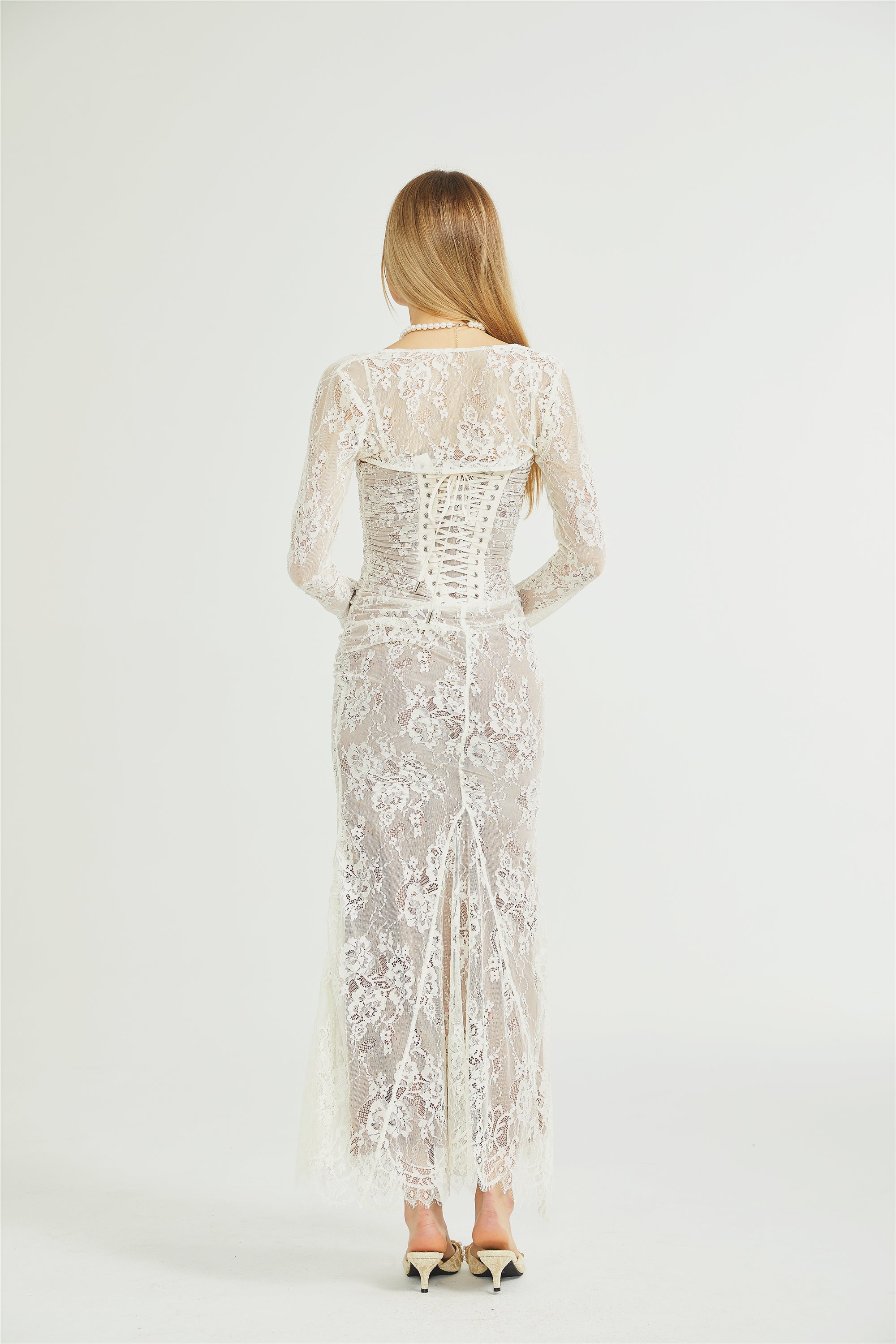 Valérie white floral lace mesh maxi dress