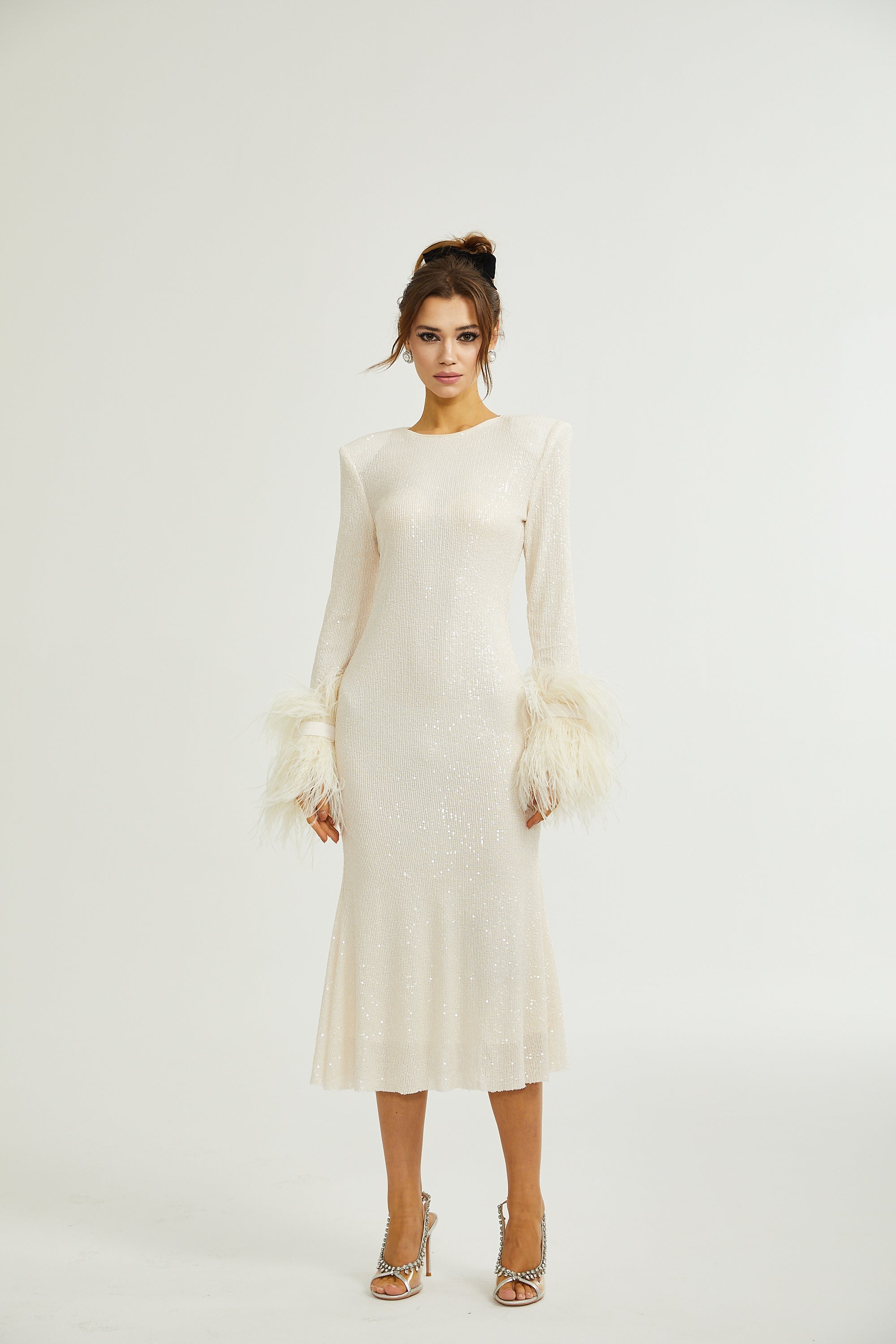 Gabriella cream sequin feather midi dress