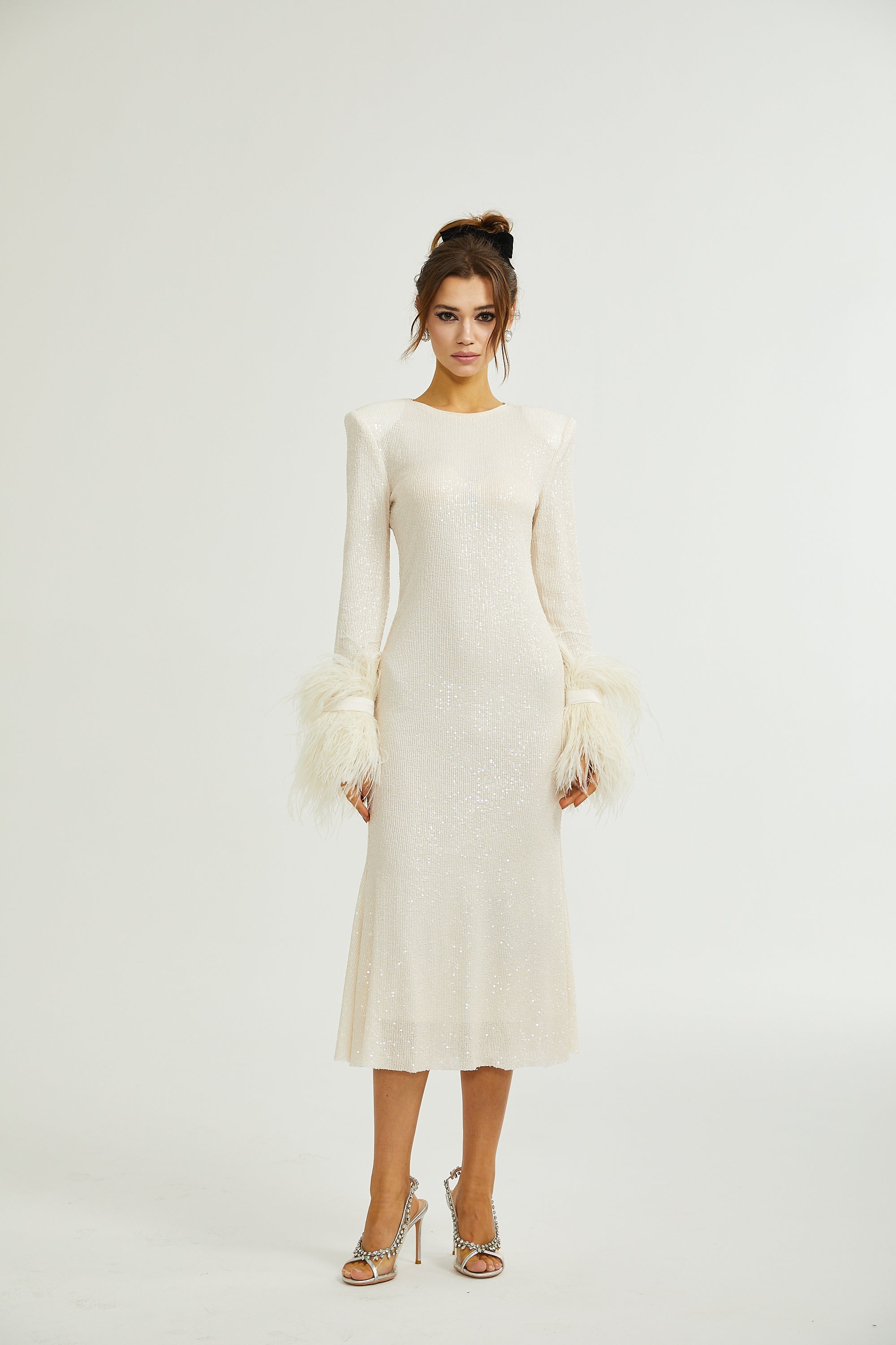 Gabriella cream sequin feather midi dress