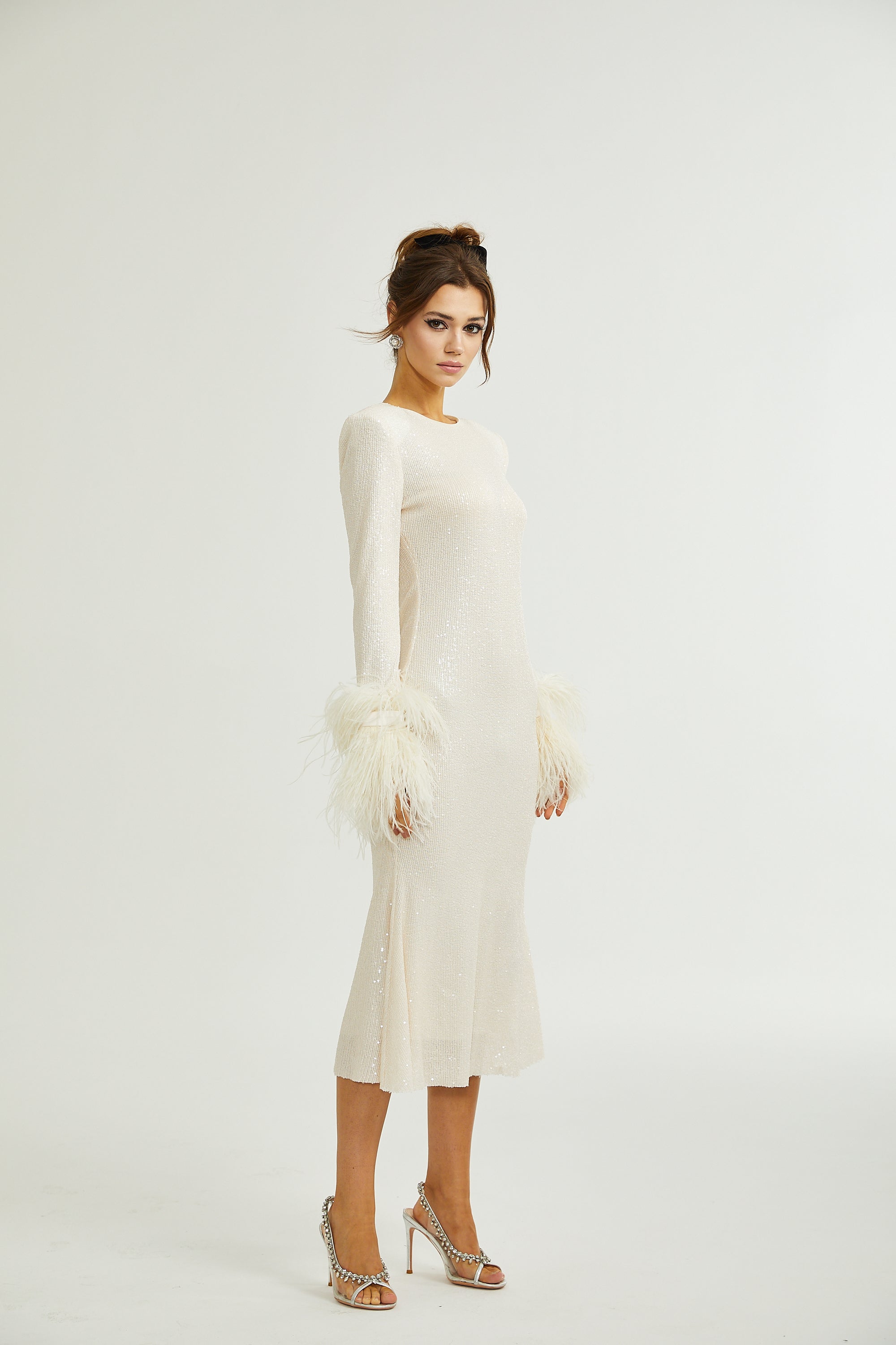 Gabriella cream sequin feather midi dress