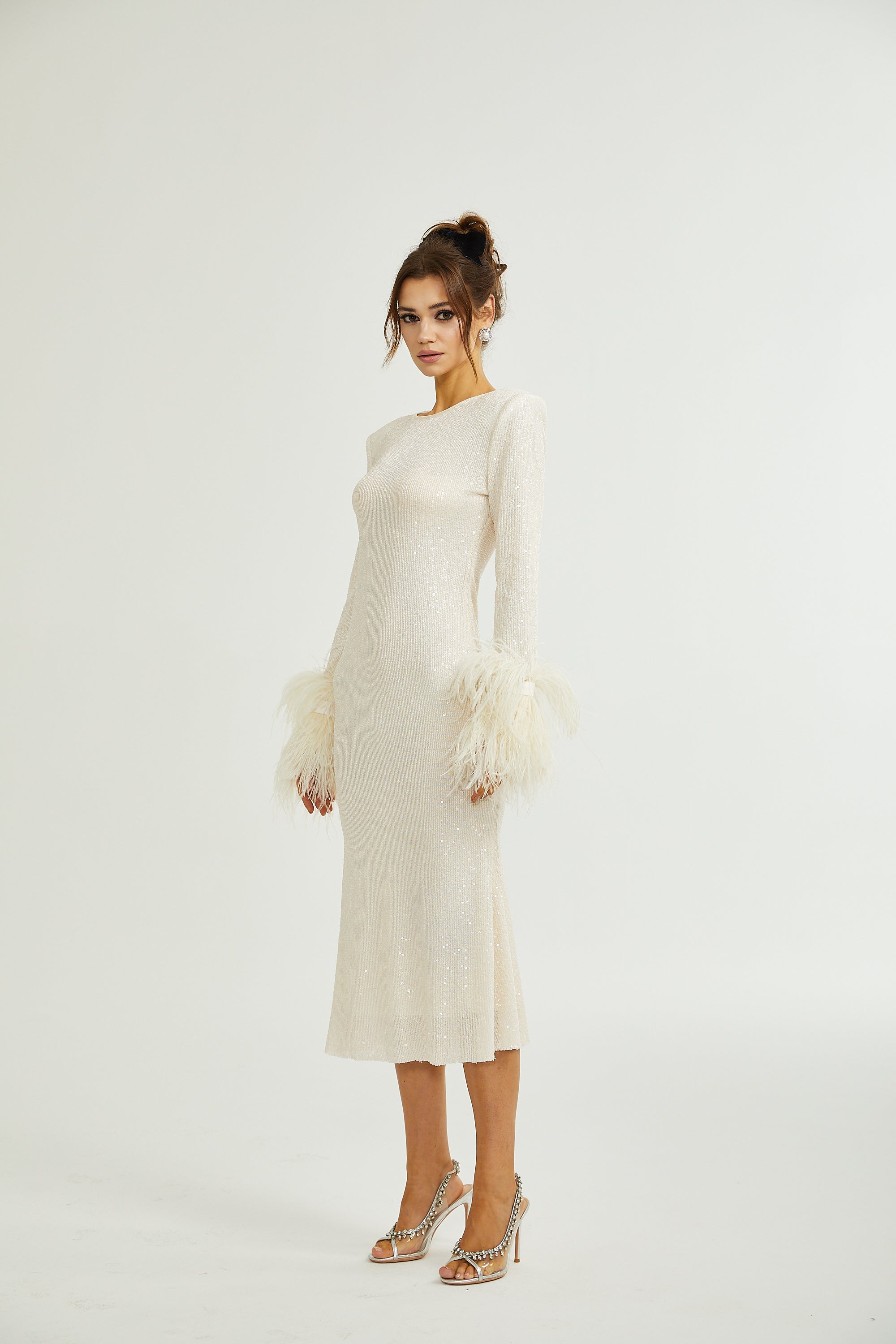 Gabriella cream sequin feather midi dress