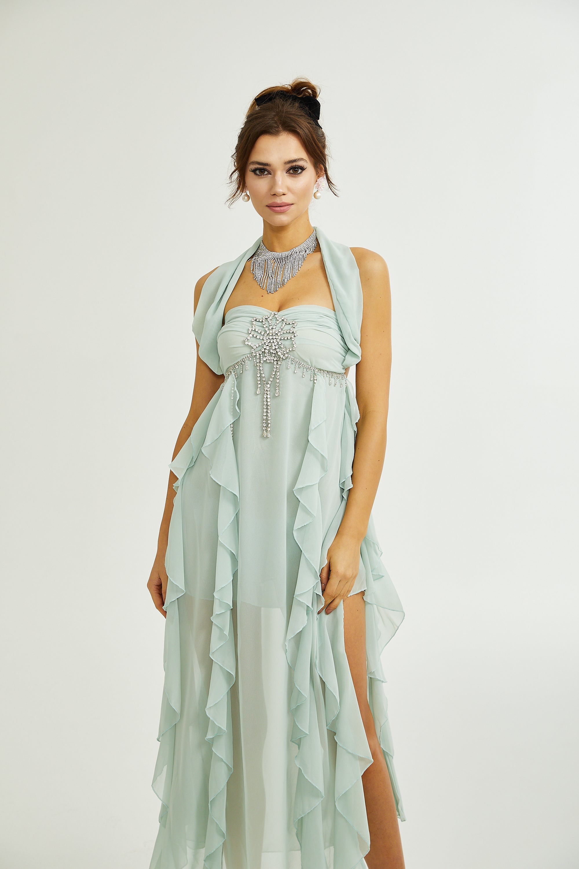 Salilah embellished ruffled midi dress