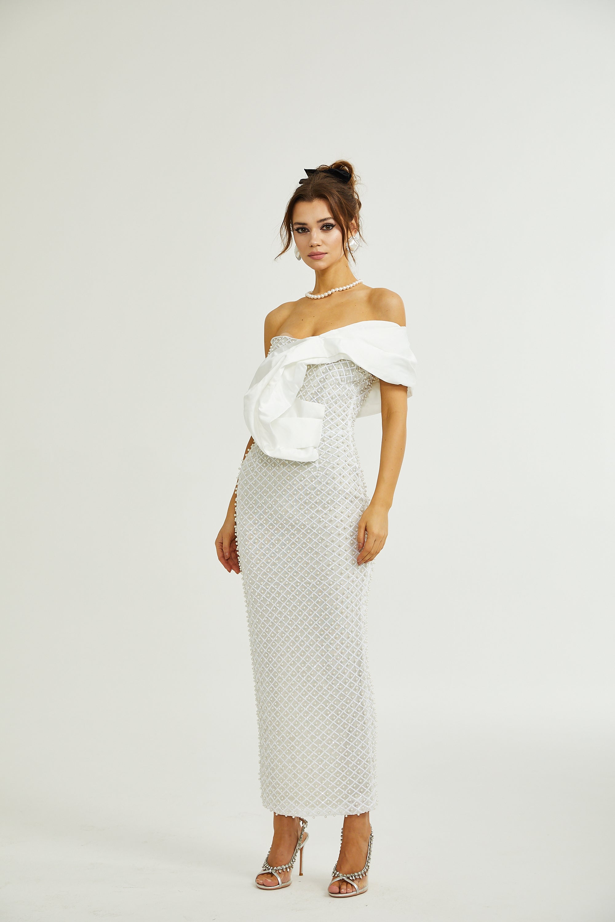 Maura faux-pearl off-shoulder dress