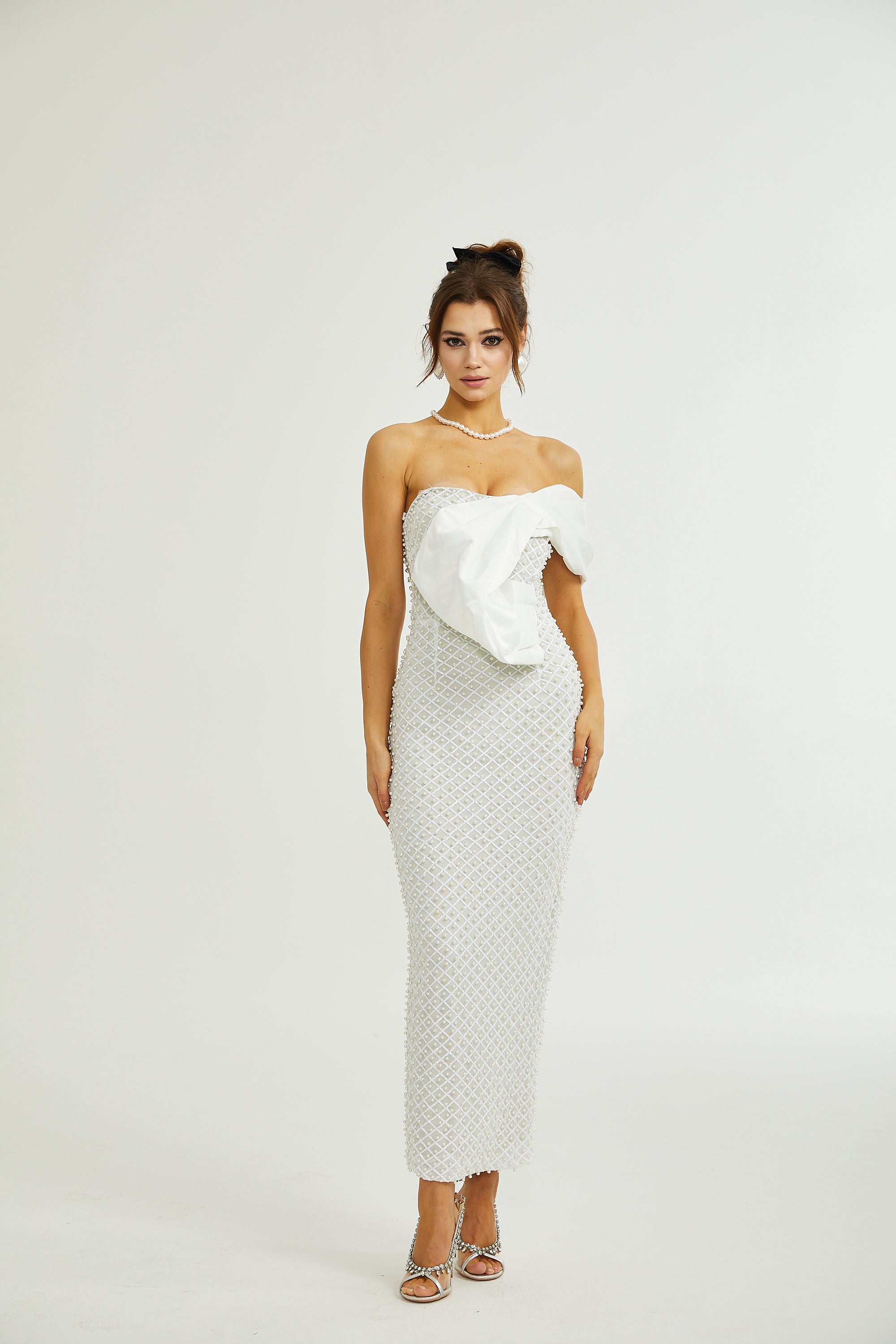 Maura faux-pearl off-shoulder dress