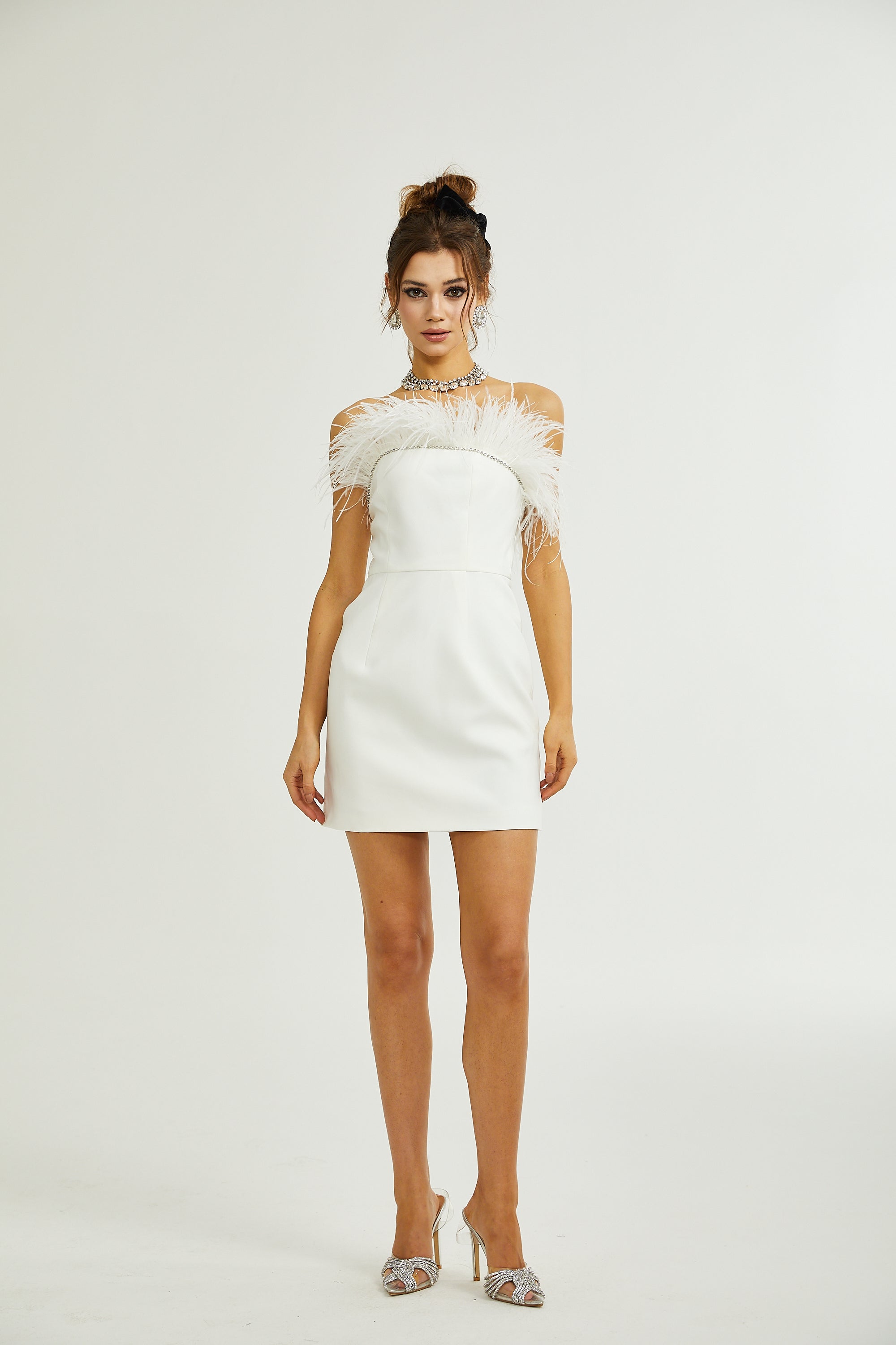 Aria embellished feather-trim dress