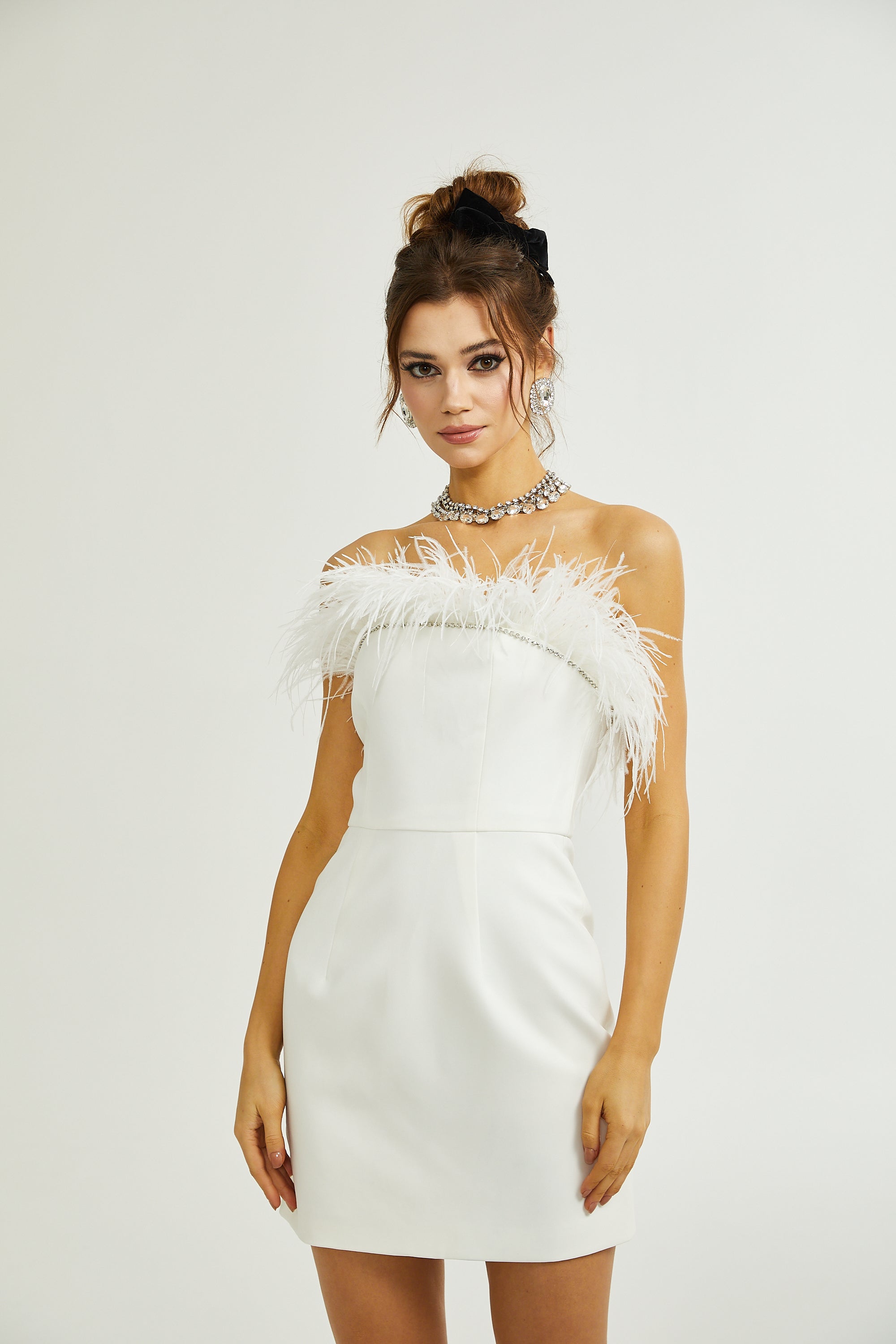 Camille crystal-strap feather-trim dress