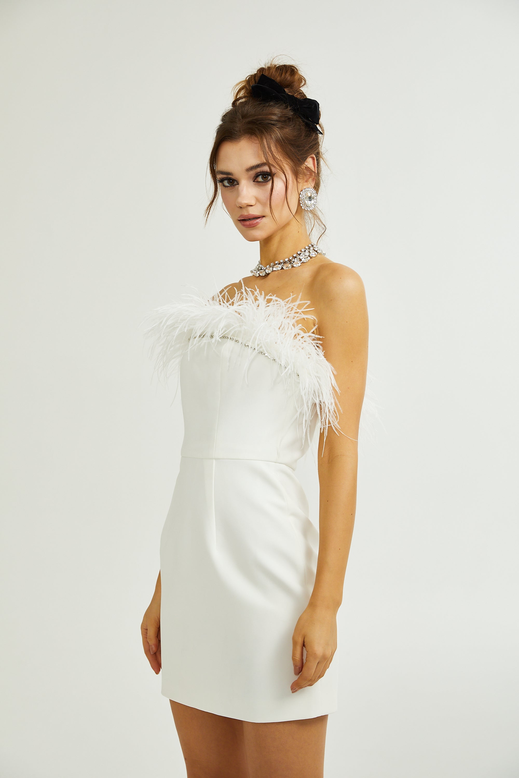 Aria embellished feather-trim dress