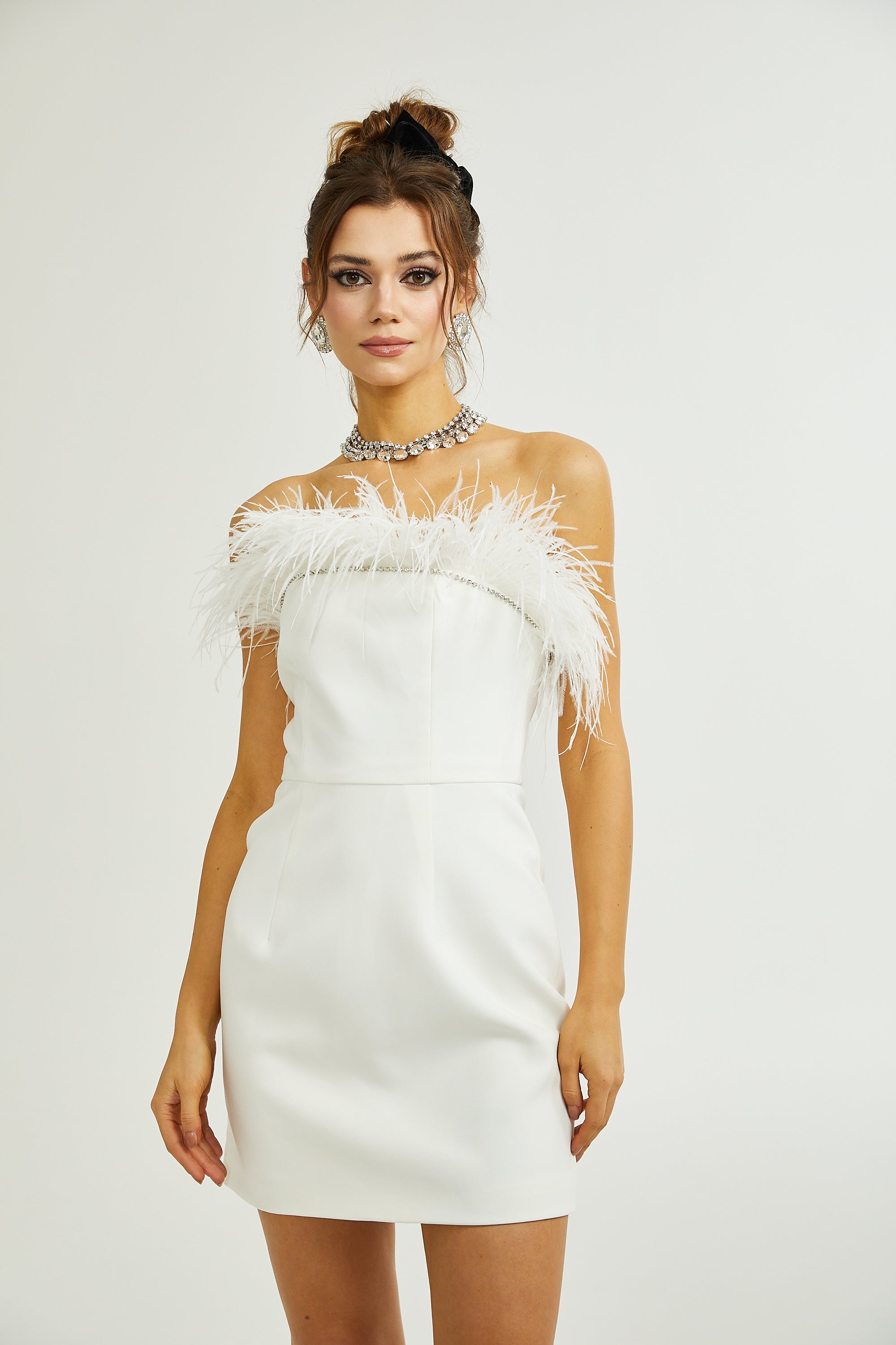 Aria embellished feather-trim dress