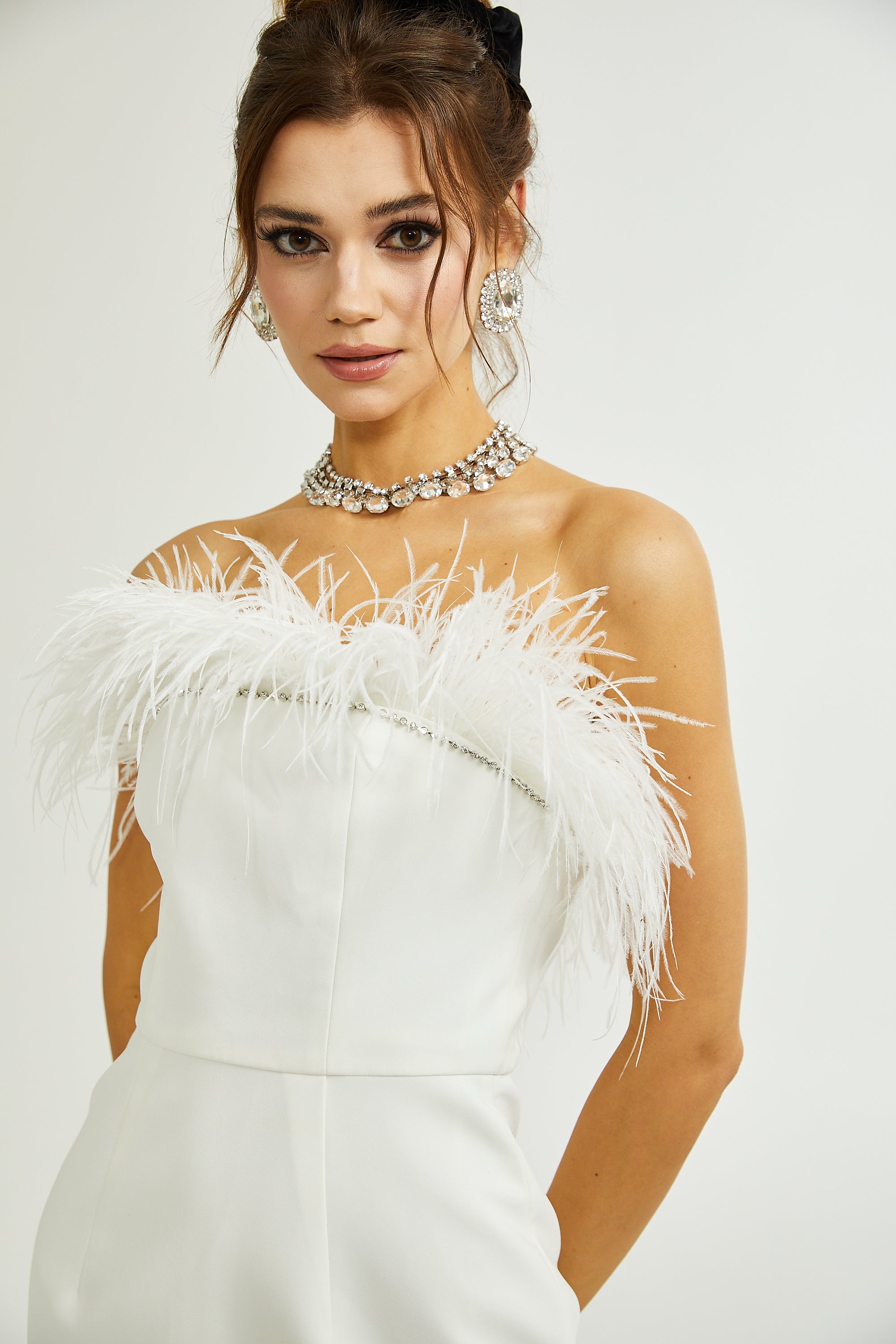 Aria embellished feather-trim dress