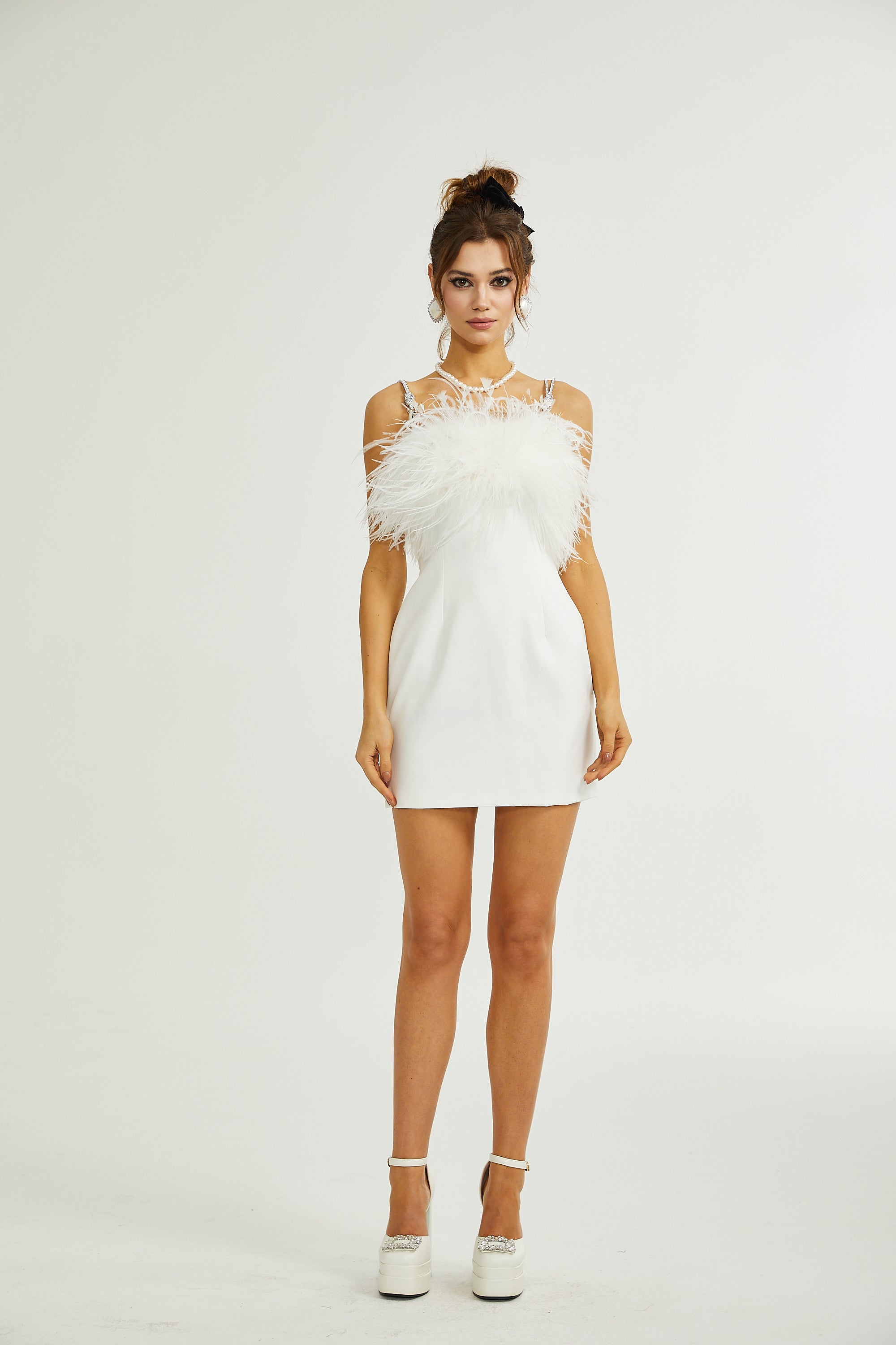 Camille crystal-strap feather-trim dress