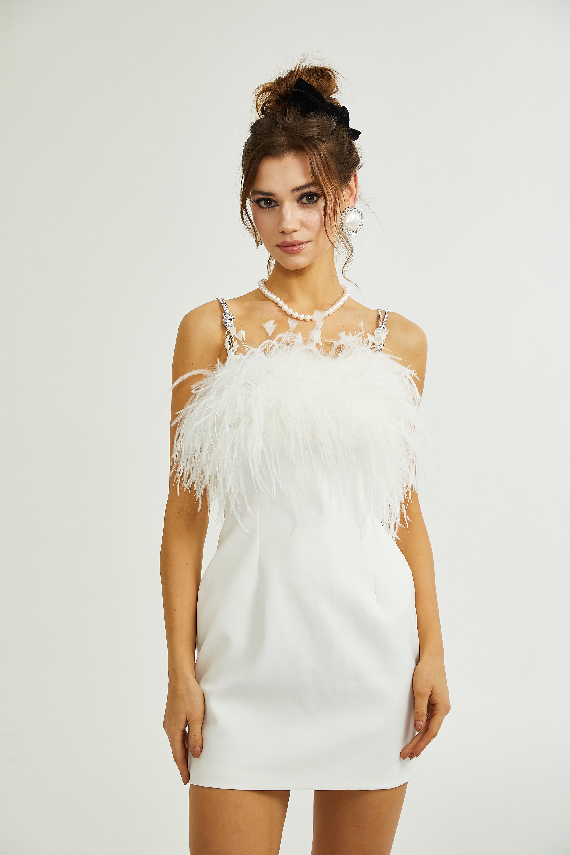 Camille crystal-strap feather-trim dress