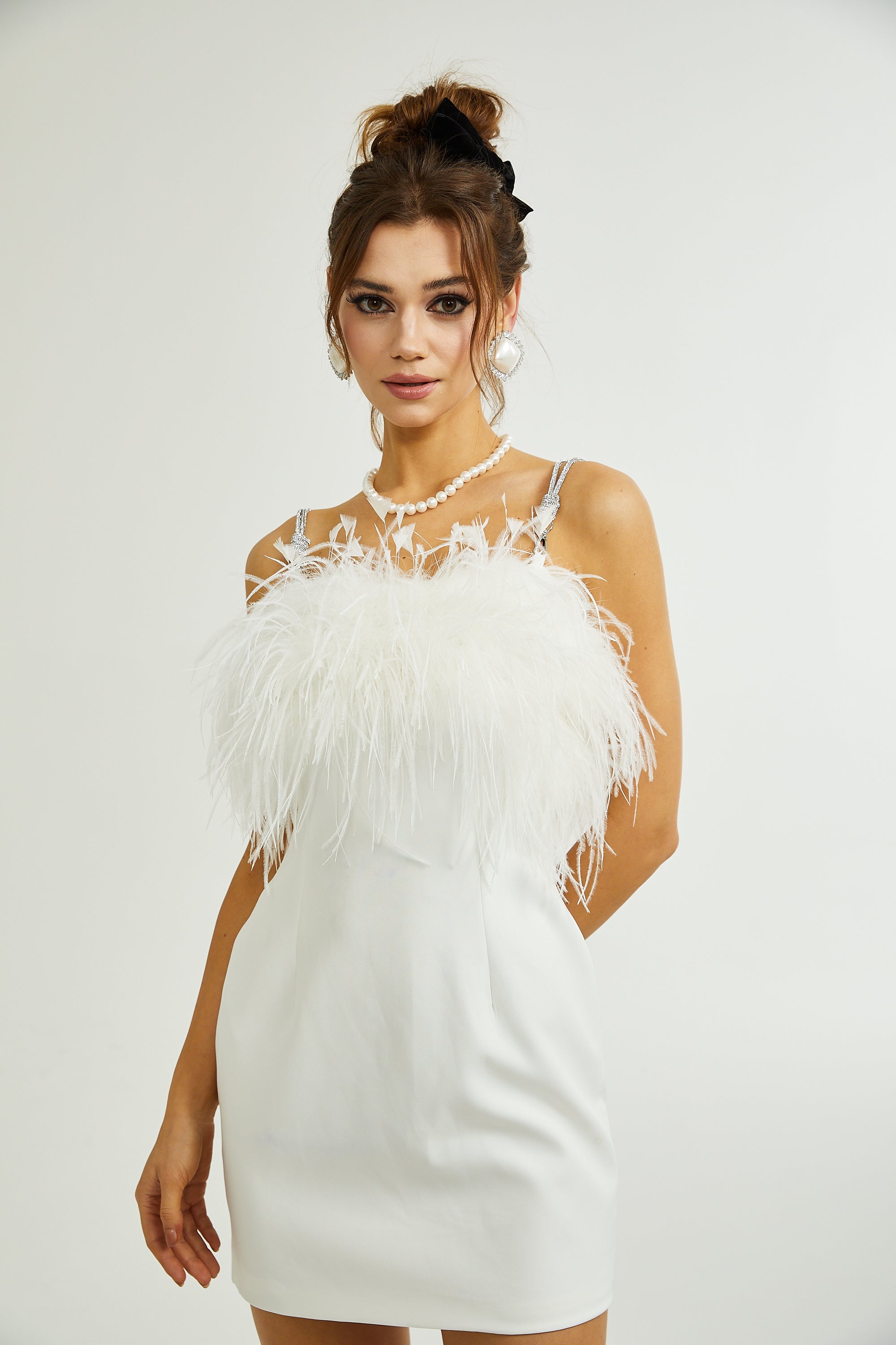 Camille crystal-strap feather-trim dress