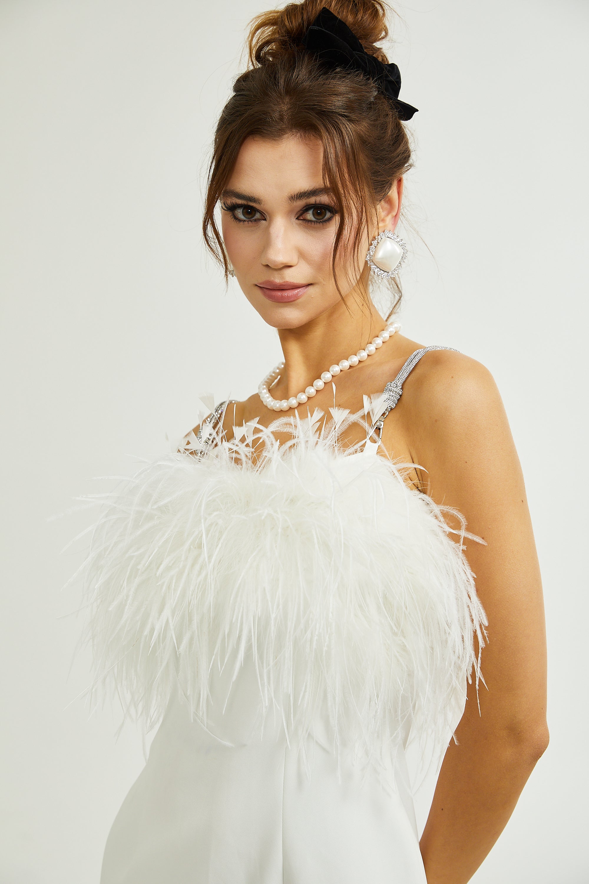 Camille crystal-strap feather-trim dress