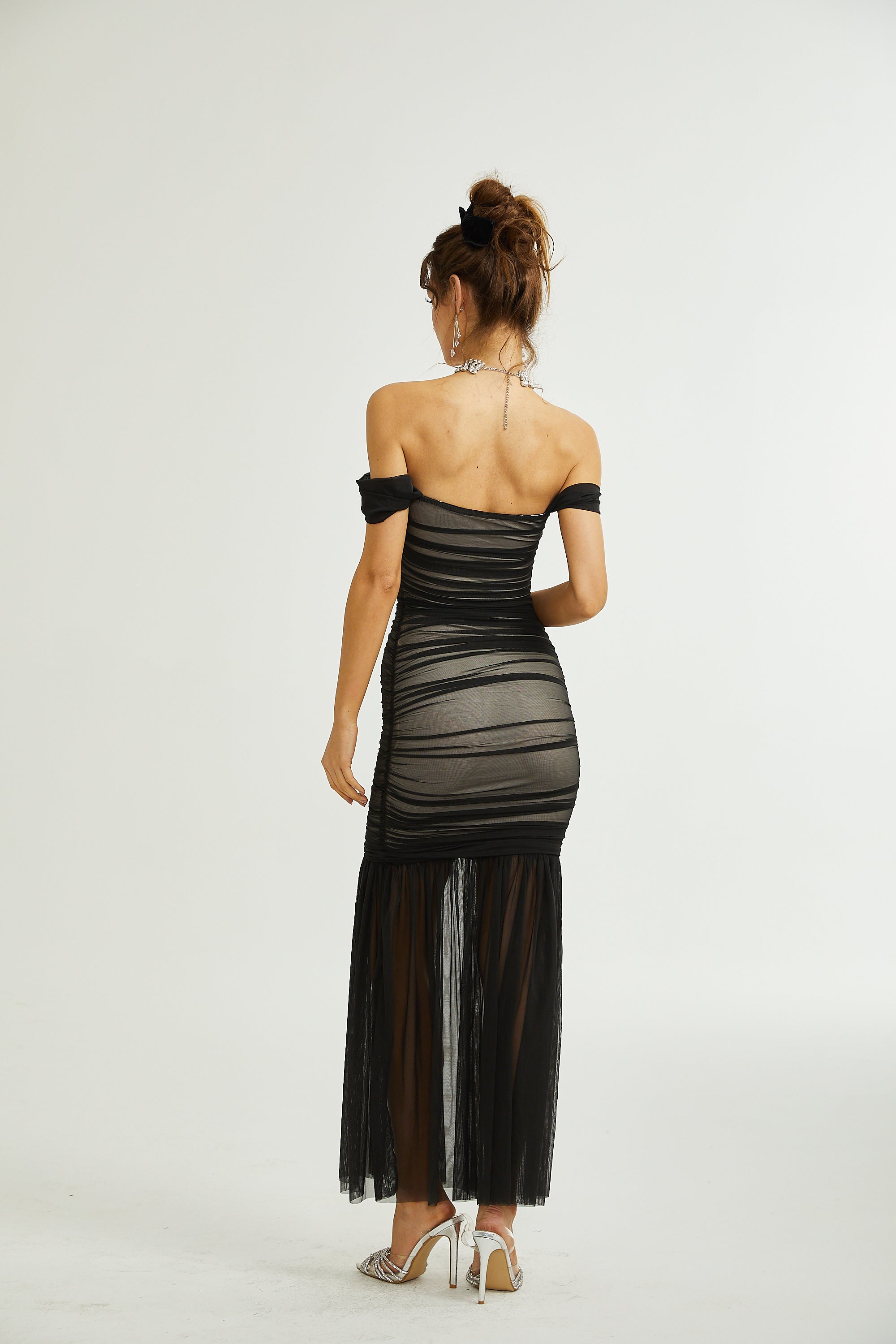 Safiya black fishtail draped maxi dress