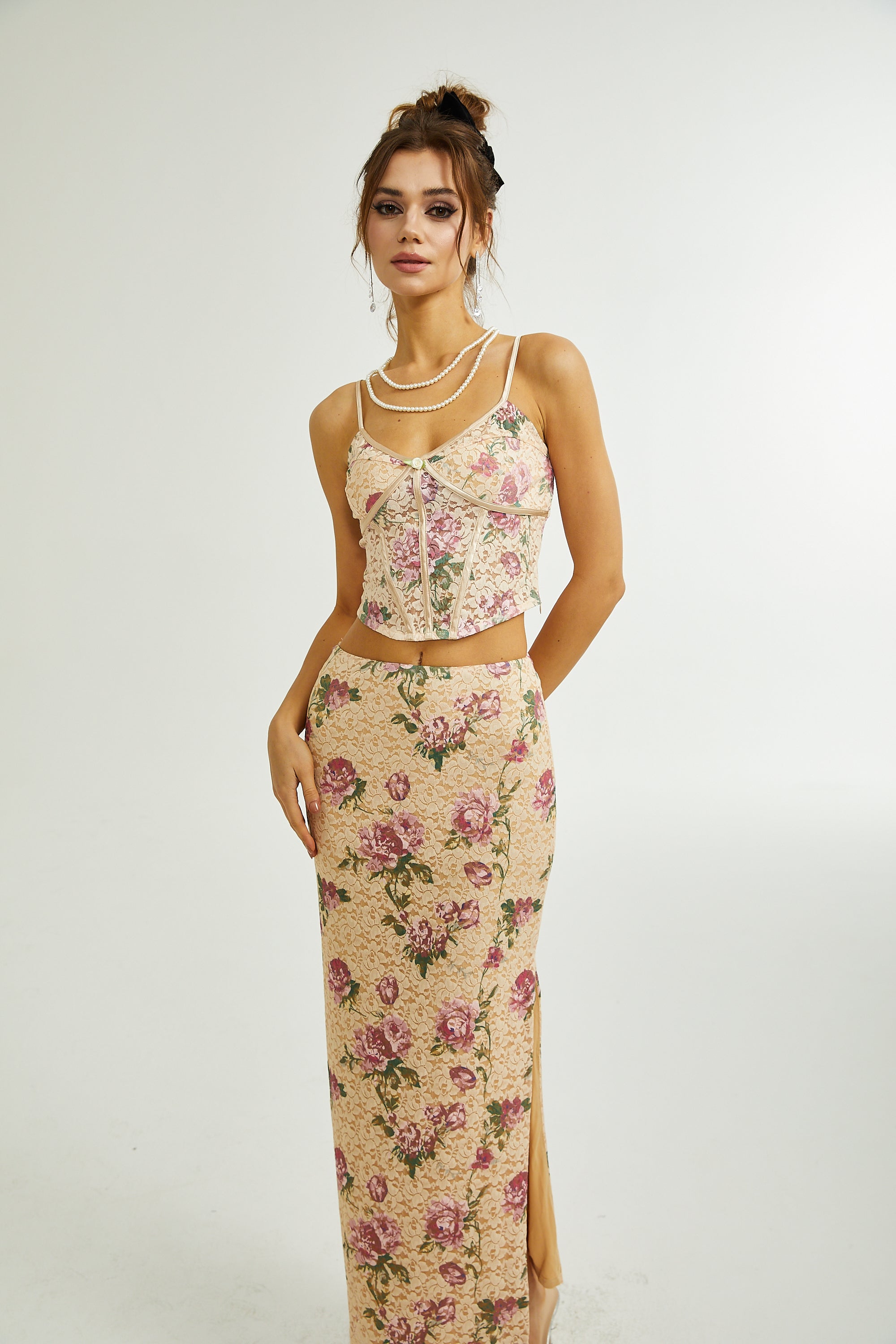 Gaëlle floral-print vest top & skirt matching set