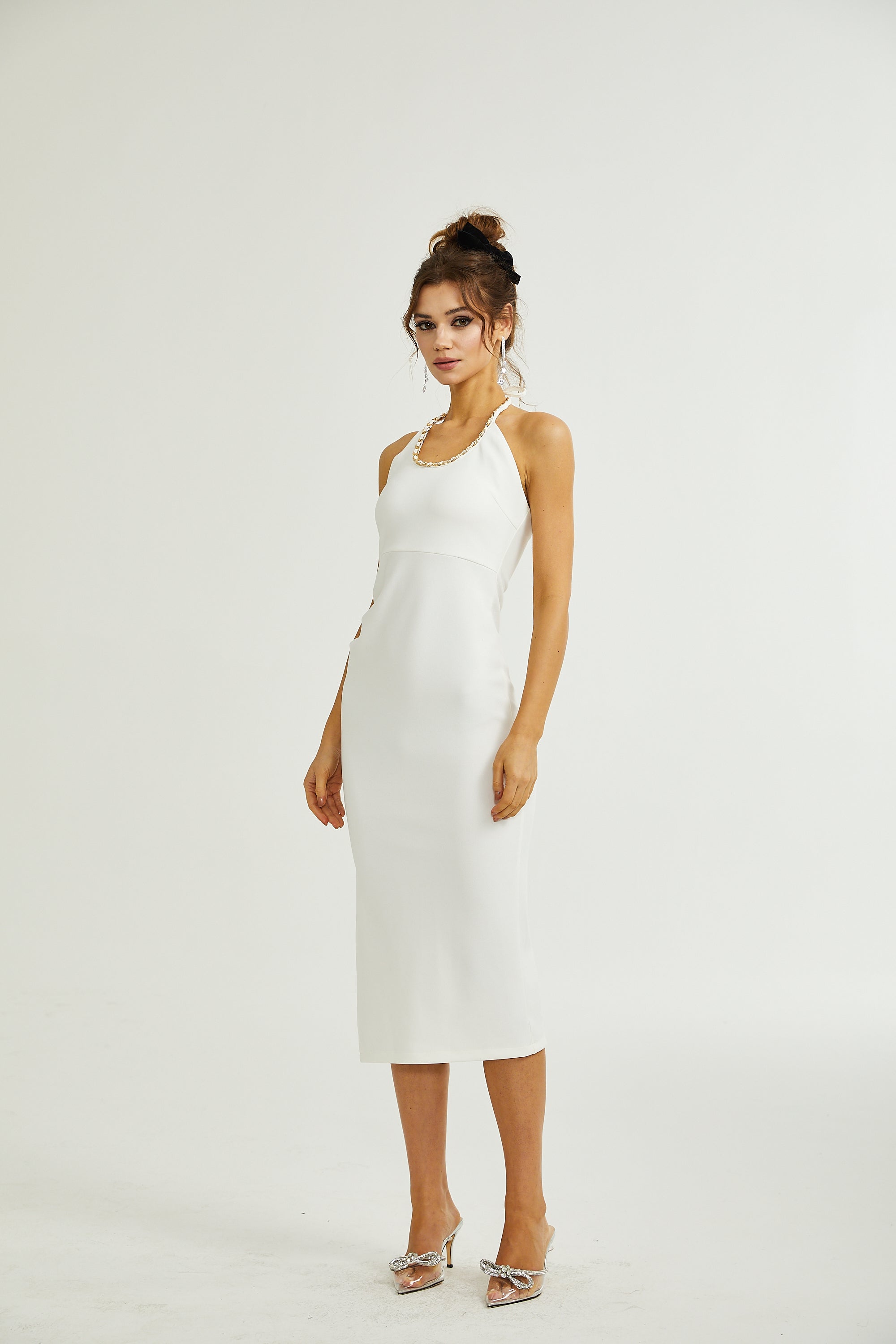 Keeya white halterneck side-slit midi dress