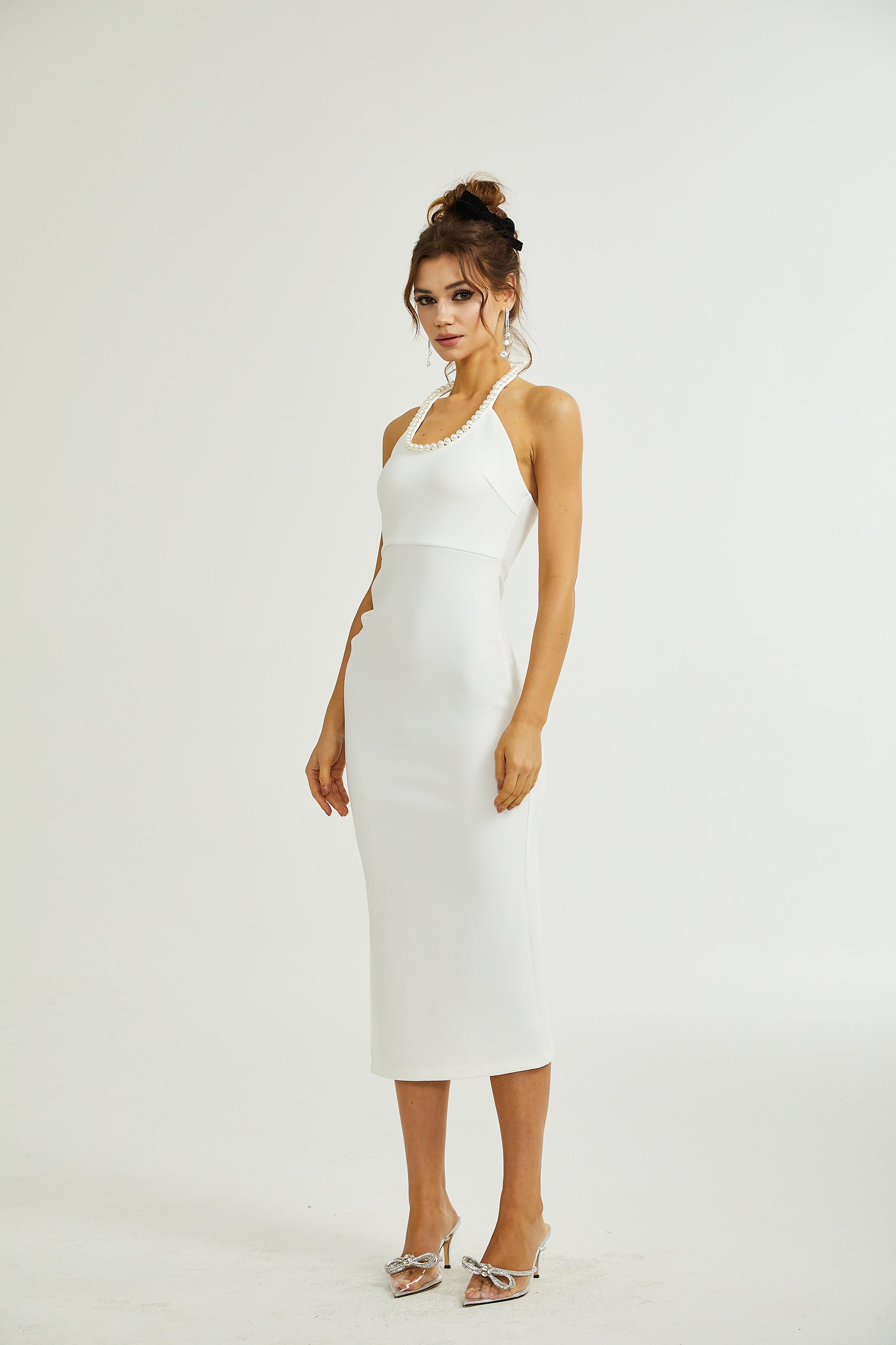 Laria faux-pearl halterneck dress