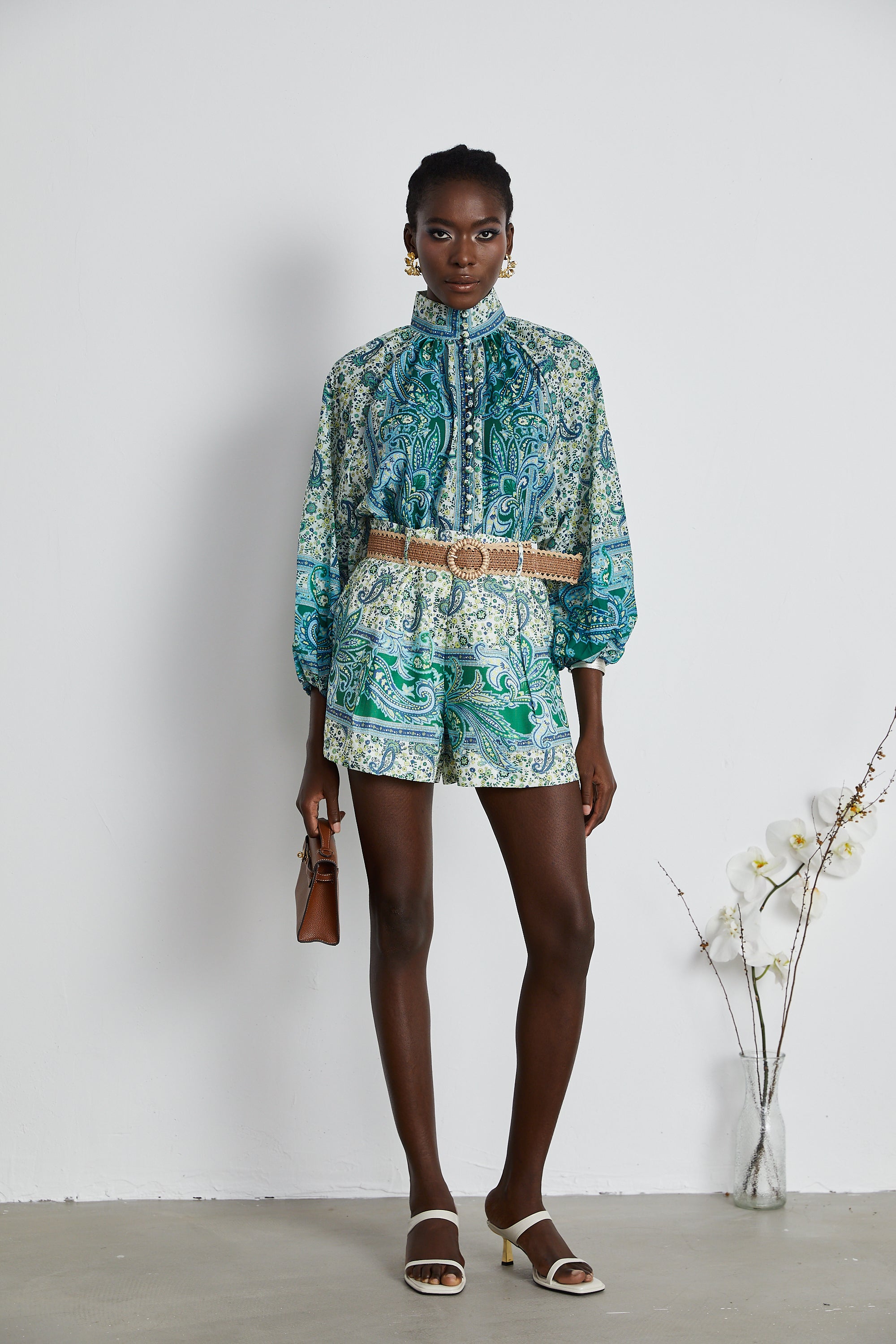 Louise green paisley shirt & shorts matching set