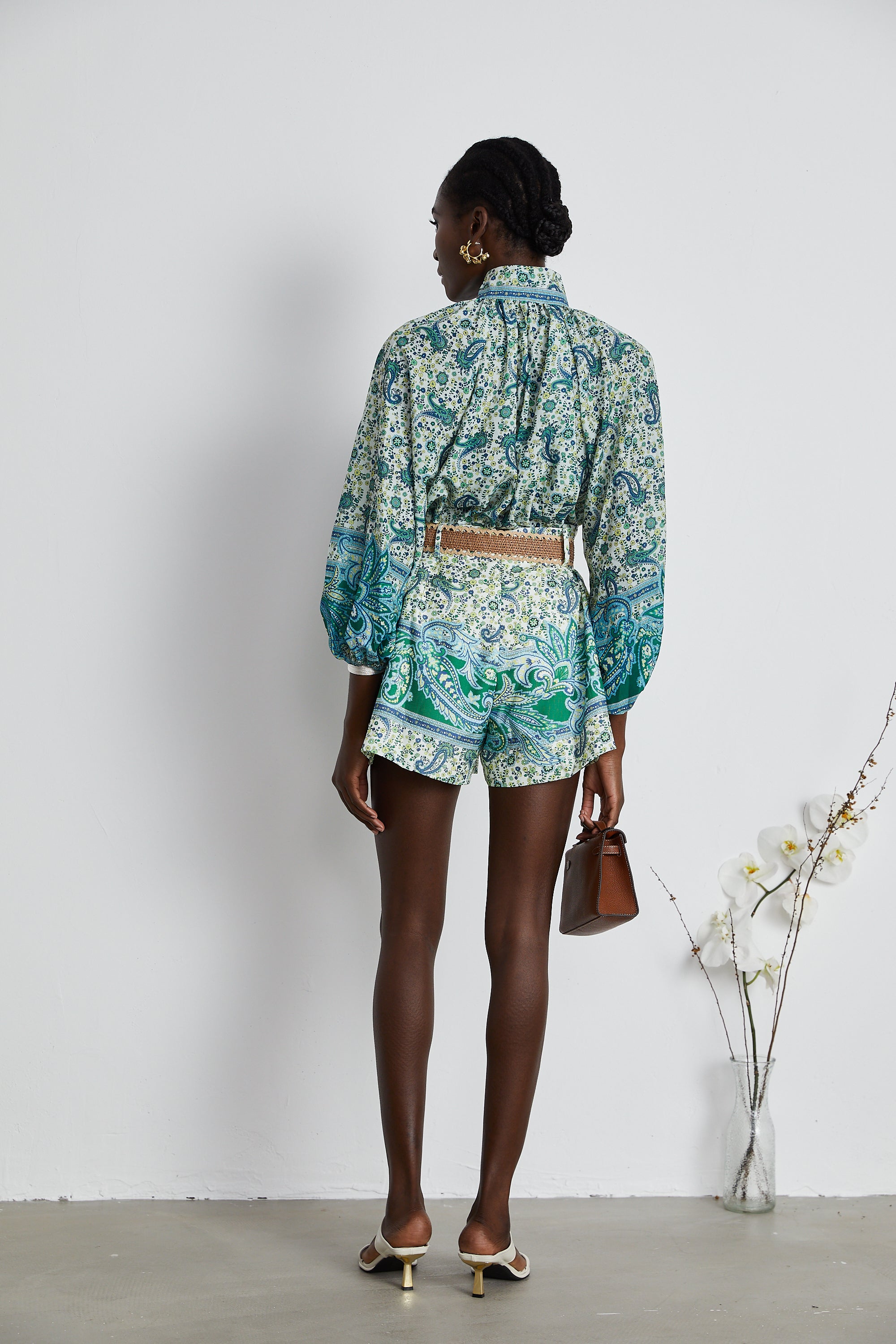 Louise green paisley shirt & shorts matching set