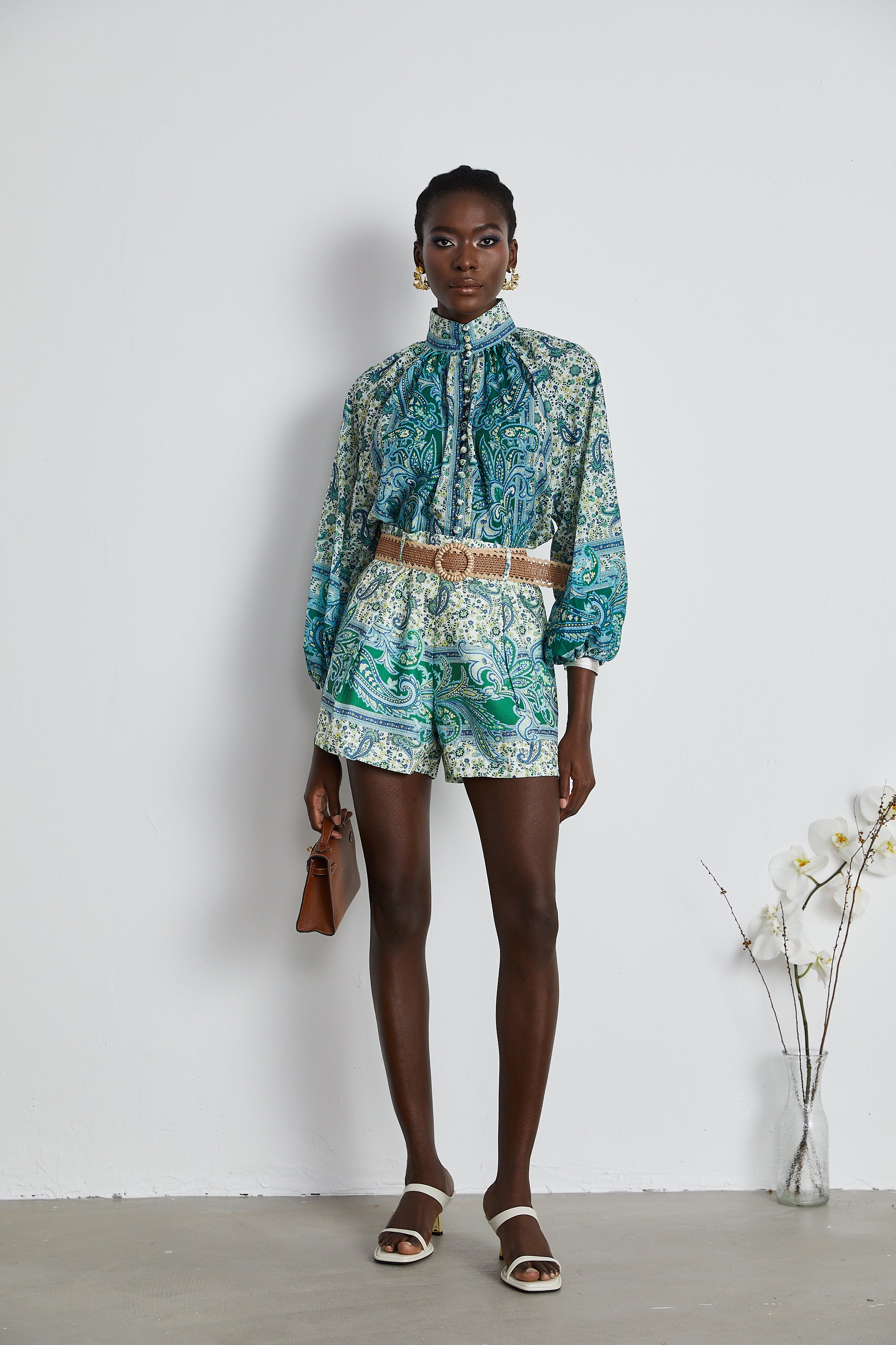 Louise green paisley shirt & shorts matching set