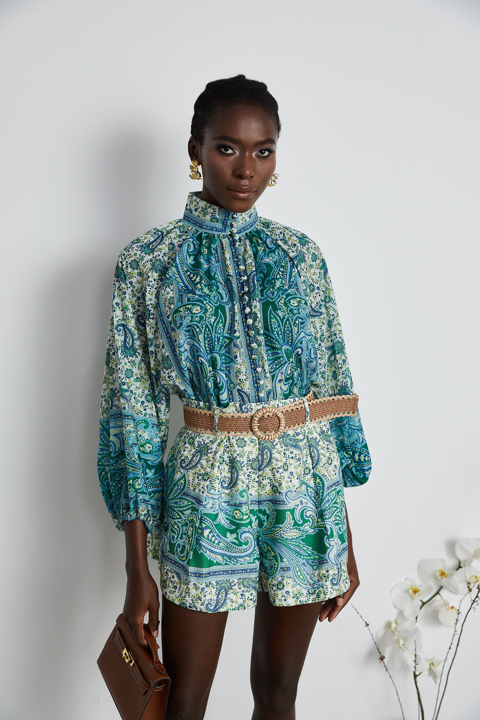 Louise green paisley shirt & shorts matching set